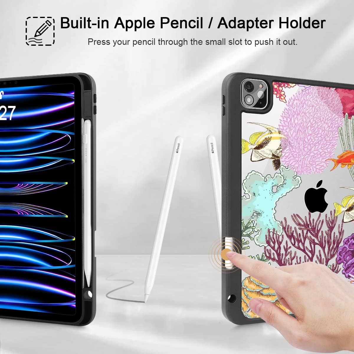 Tuiklol Funda para iPad Pro de 11 pulgadas M2 2022 Generación 4 – Soporte para lápiz integrado a prueba de golpes, carcasa trasera transparente