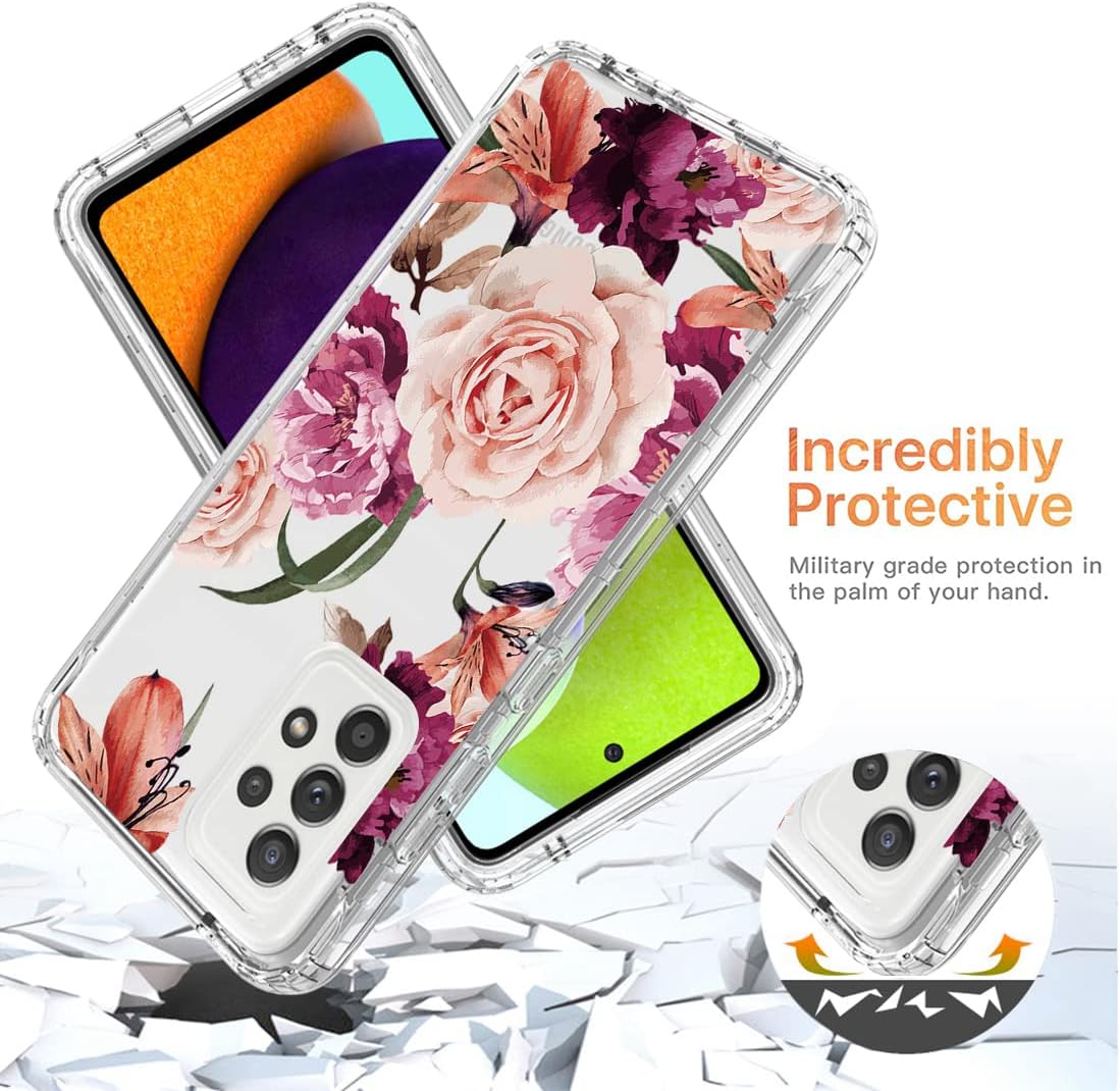 Funda para Galaxy A52 5G4GGalaxy A52S SM-A526 con protector de pantalla de vidrio templado, diseño floral a prueba de golpes, carcasa protectora de