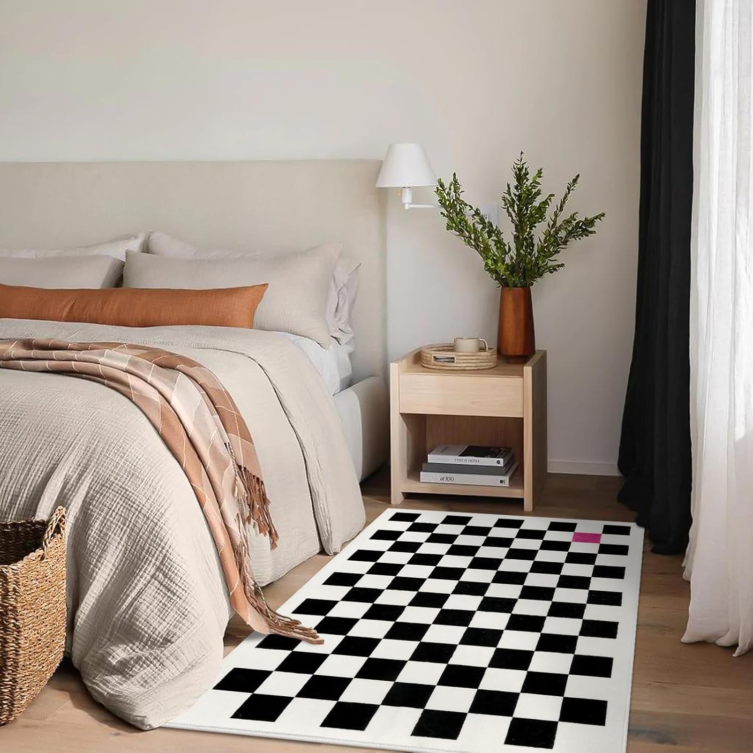 Wonnitar Alfombra de área lavable a cuadros de 3 x 5 pulgadas, antideslizante en blanco y negro, alfombra pequeña y moderna de enrejado bohemio para