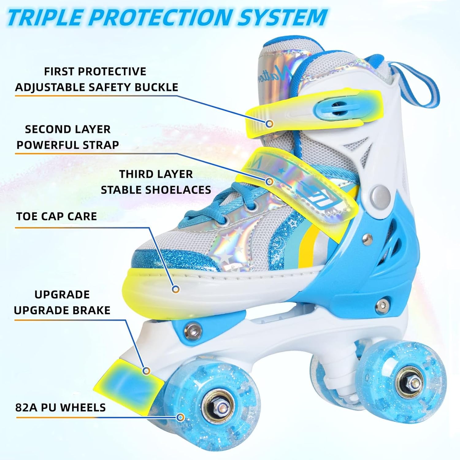 Nattork Girls Roller Skates for Kids Toddler, 4 Sizes Adjustable Rainbow Quad Skates with Light up Wheels,Best Gift for Kids Beginners