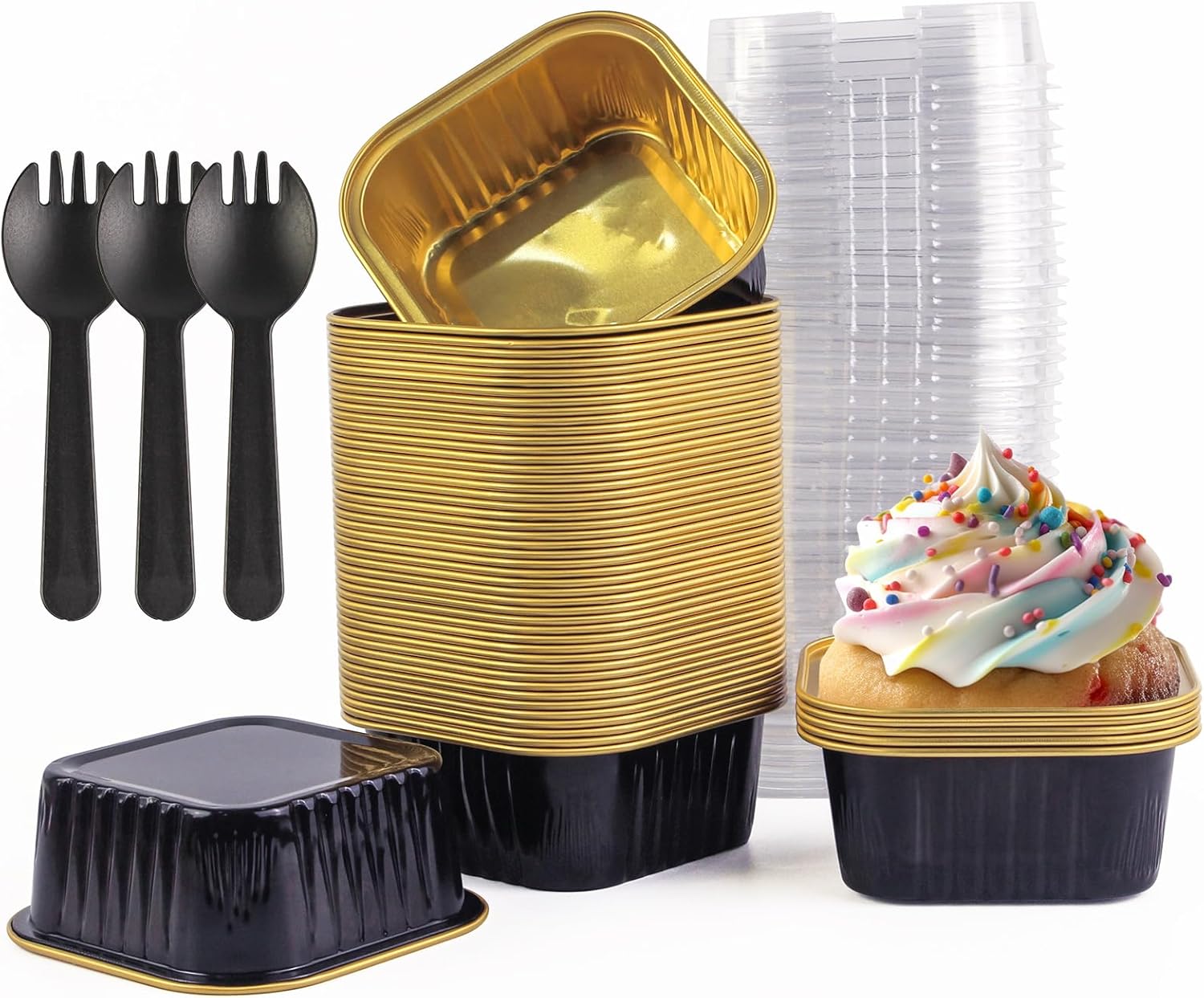 Mini moldes para pasteles de 5 onzas con tapas, papel de aluminio, 50 juegos150 unidades, 150 unidades, tazas cuadradas de 5.1 fl oz, forros para