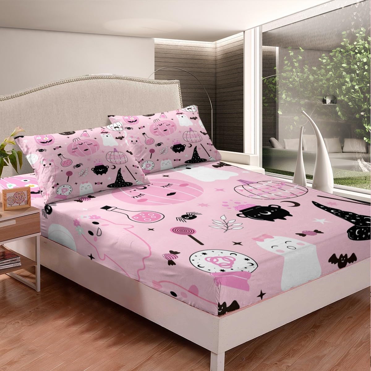 Feelyou Juego de sábanas de Halloween de tamaño matrimonial, para decoración de Halloween, juego de sábanas bajeras con diseño de calabaza, funda de