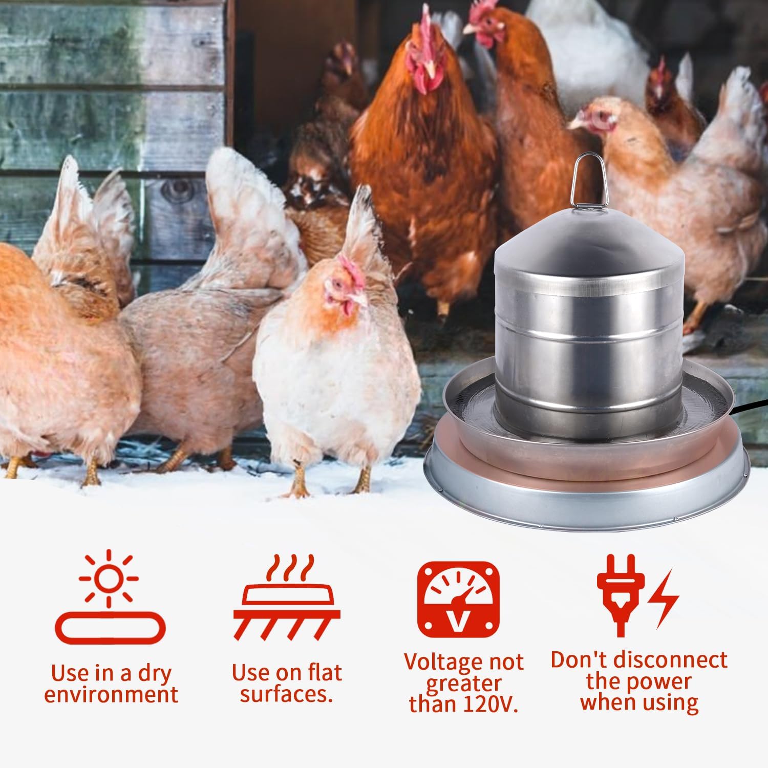 Calentador de agua de pollo de 15 pulgadas, base grande de agua para aves de corral calentada de 125 vatios para 5 galones, con termostato y cable