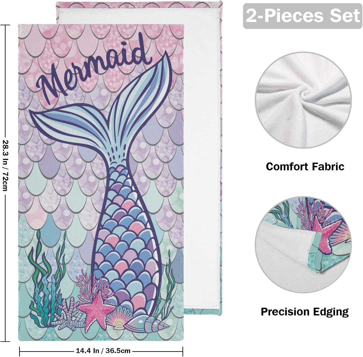 Juego de 2 toallas de mano con escala de cola de sirena, toalla de mano para baño, toalla de baño decorativa de microfibra suave y absorbente, 28 x