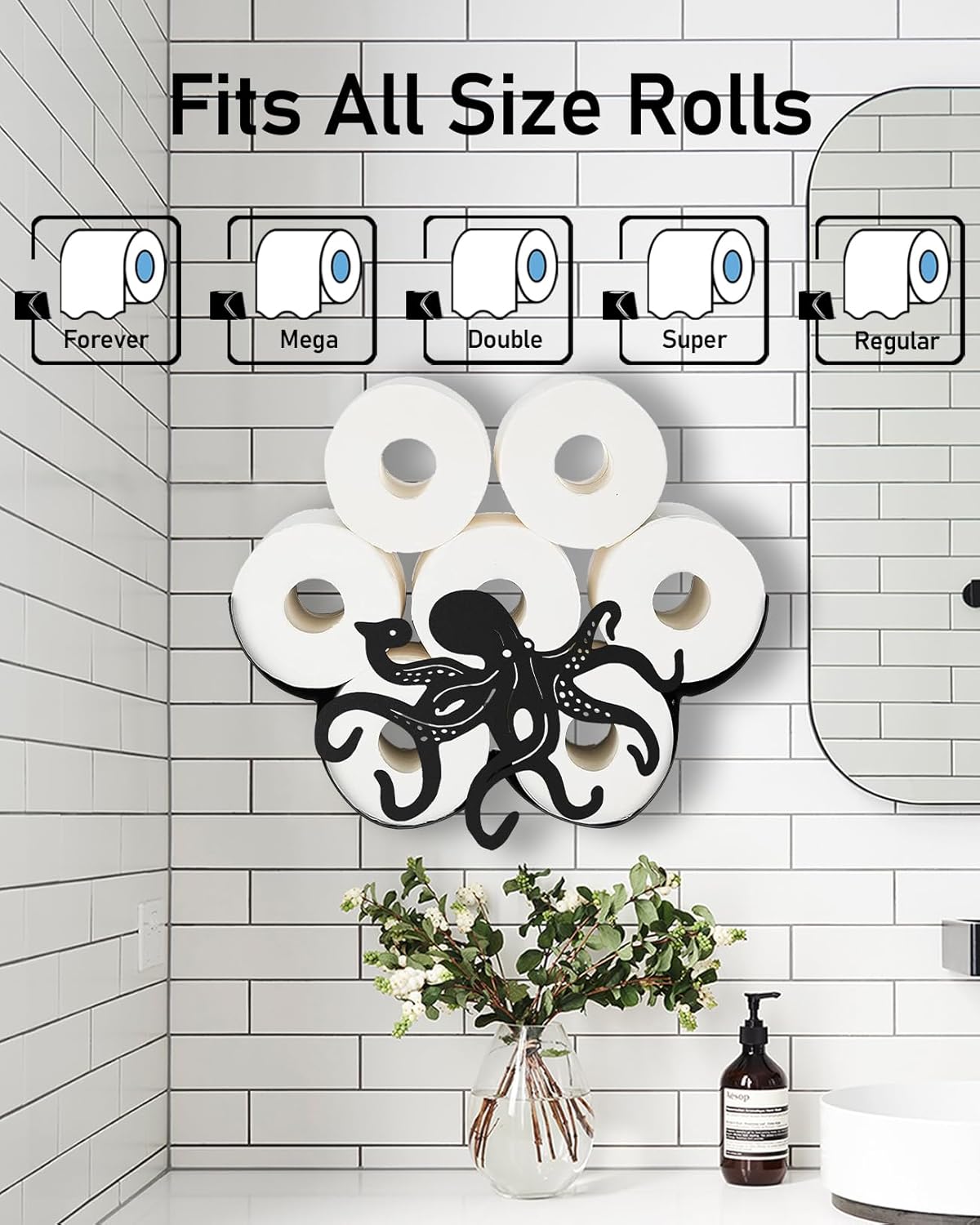 Estante para papel higiénico de pulpo, organizador y almacenamiento de papel higiénico decorativo negro mate para 8 rollos adicionales, divertidos