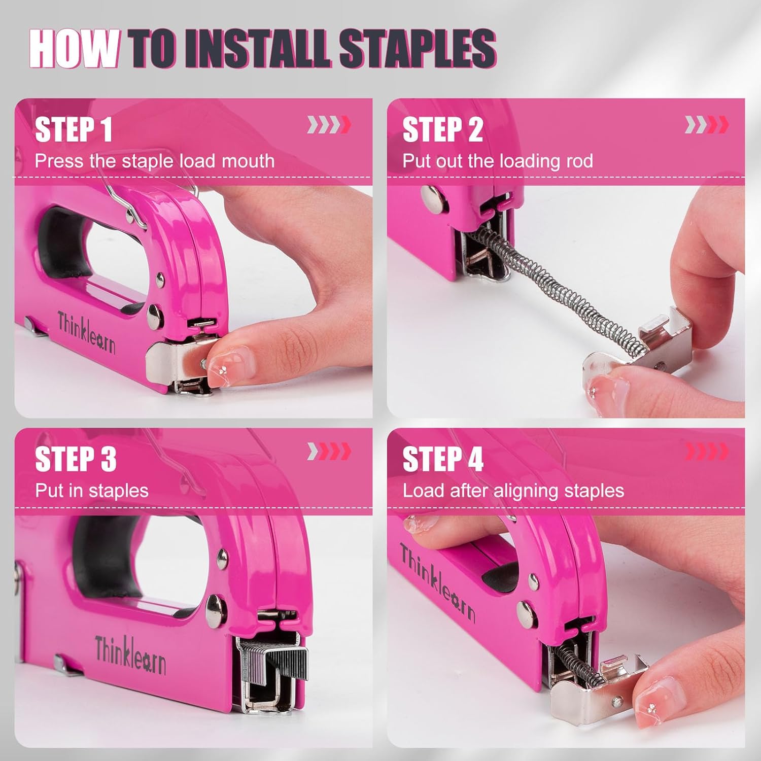 Juego de 37 herramientas de grapas, 4 en 1, pistola de grapas de tapicería rosa con 800 grapas, pistola de grapas resistente para madera,