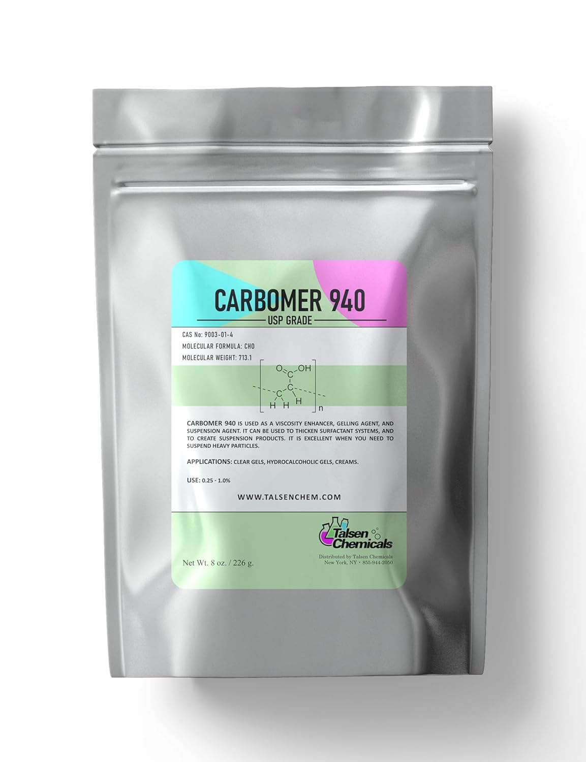 Carbomer 940 (8 onzas7.97 oz) Carbomer 940 Polvo Espesante versátil y estabilizador de emulsión para cosméticos y productos de cuidado personal
