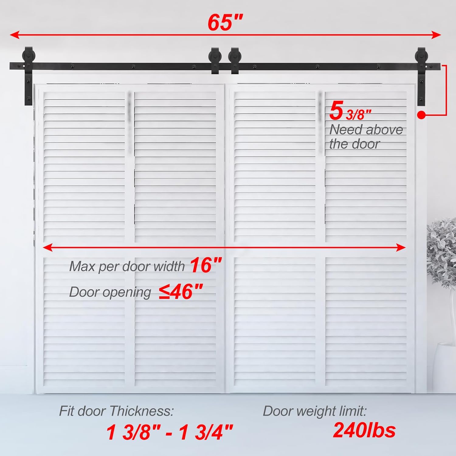 uxcell Kit de herrajes para puerta corrediza de granero plegable de 65 pulgadas para 2 puertas de armario, rodillo en forma de J de pista plana,