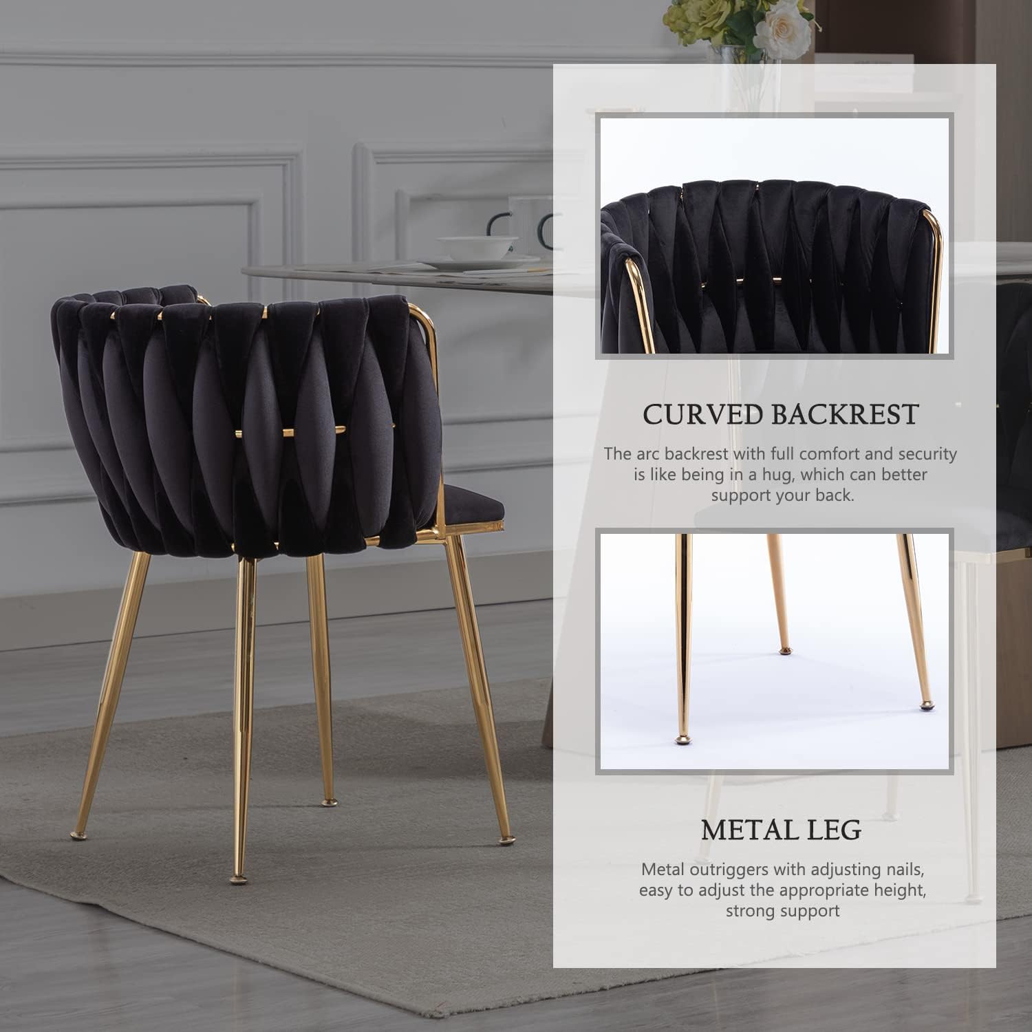 Kiztir Juego de 2 sillas de comedor de terciopelo, sillas de comedor tapizadas con patas de metal dorado, sillas de comedor copetudas de lujo para