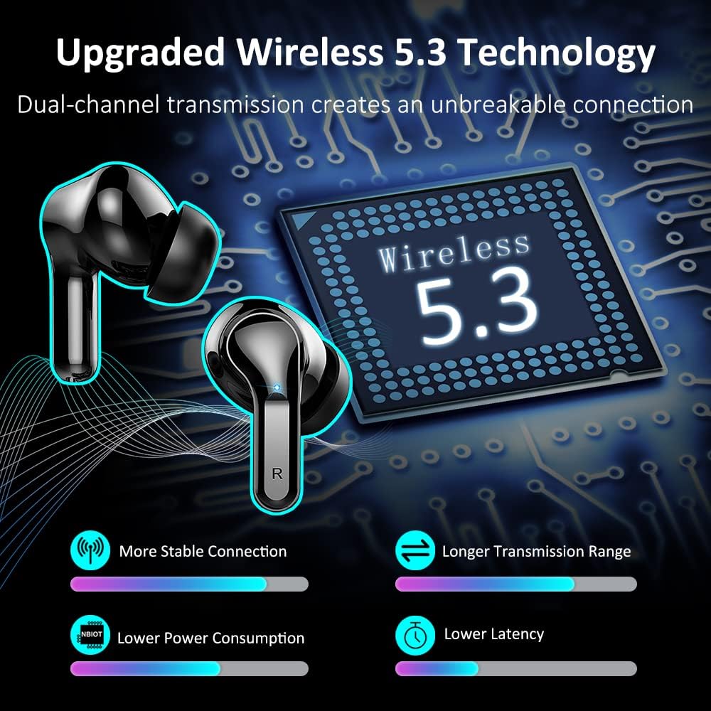 Wireless Earbud, Bluetooth Headphones 5.3 NEW 40H Ear Buds Bass Stereo Earphones Noise Cancelling Earbud with 4 ENC Mic in-Ear Bluetooth Earbud