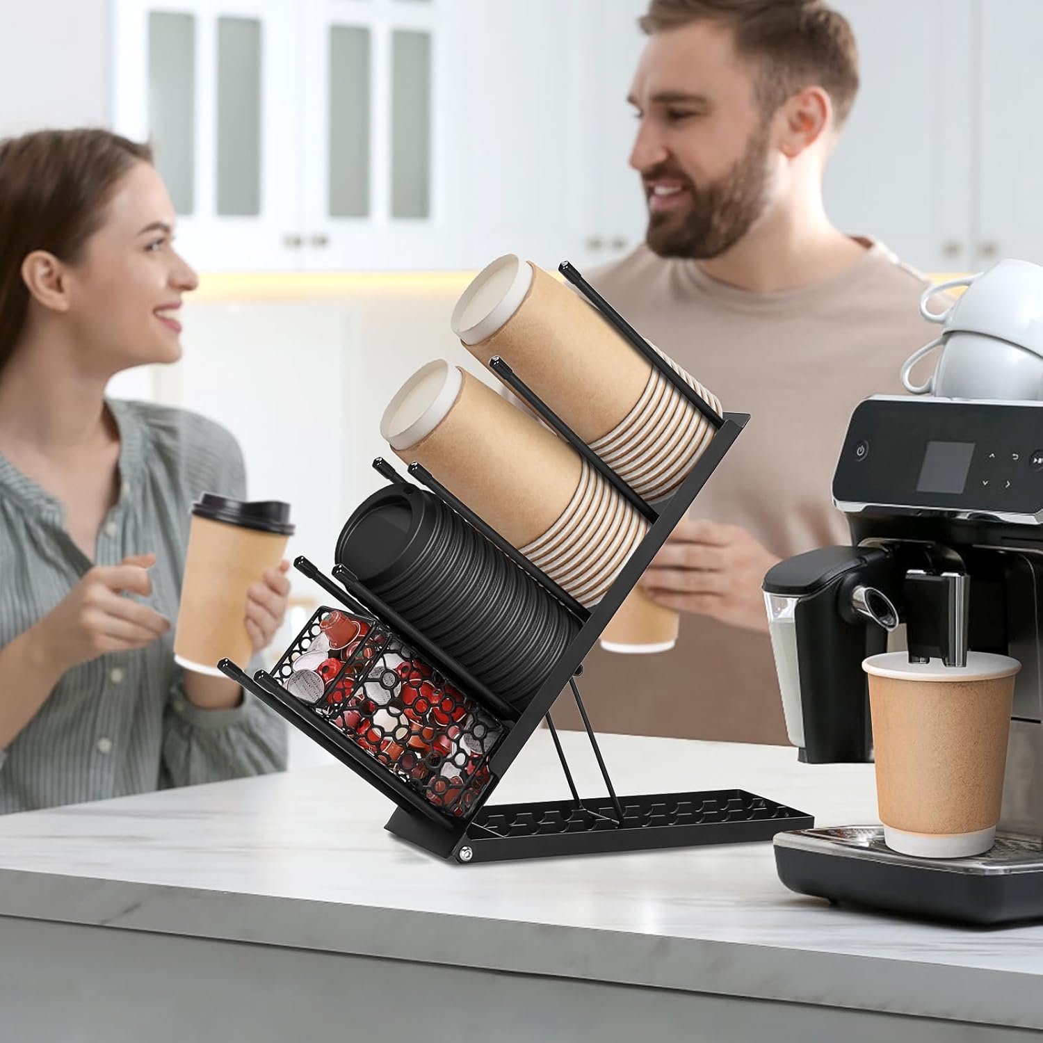 ShineMe Soporte desechable para tazas y tapas con organizador de pajita, dispensador de taza de café de metal, 4 compartimentos ajustables de