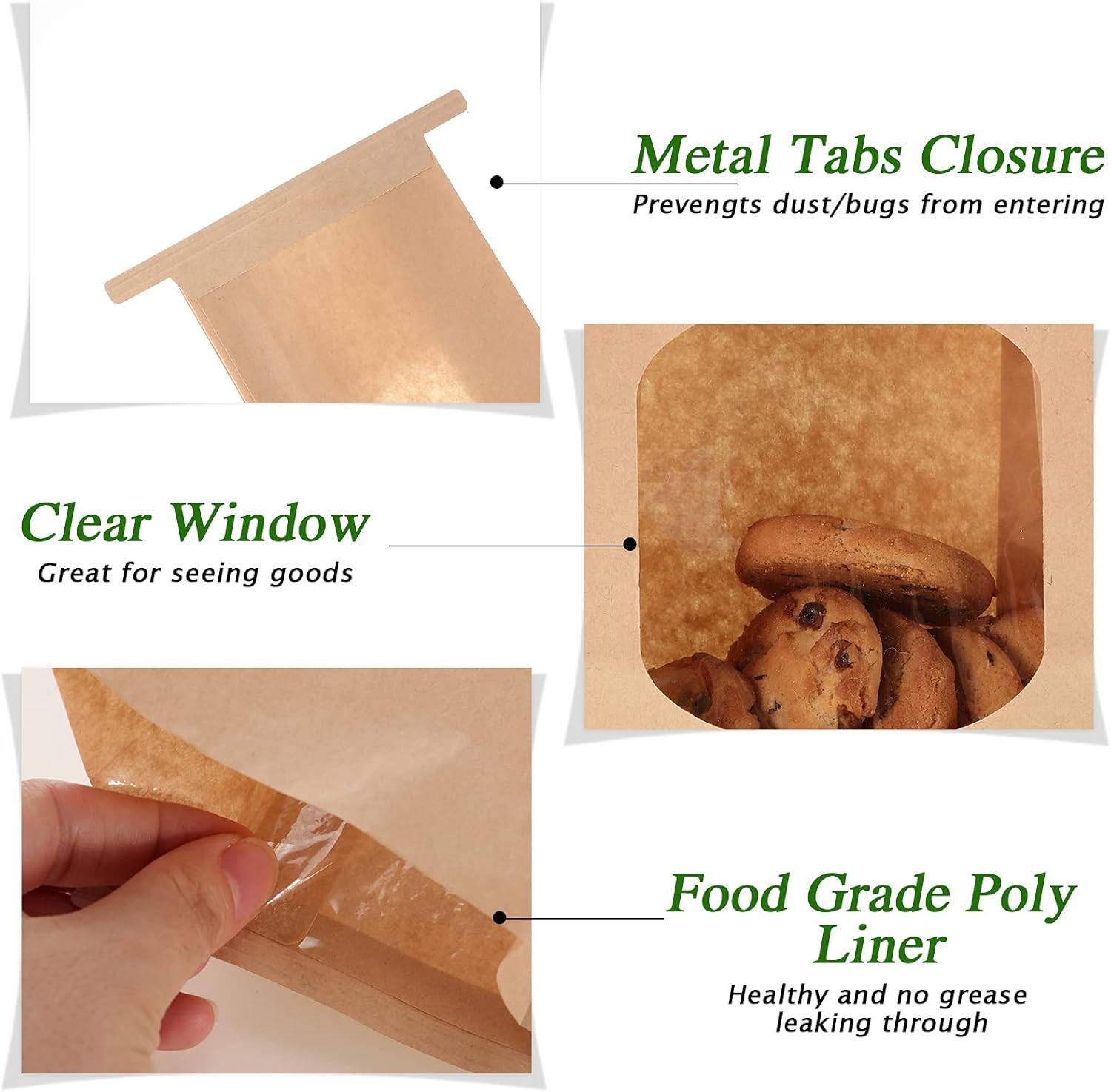 Glenmal 150 bolsas de panadería con ventana, bolsa de embalaje de papel kraft para golosinas, bloqueo de estaño, para galletas, pan, almacenamiento