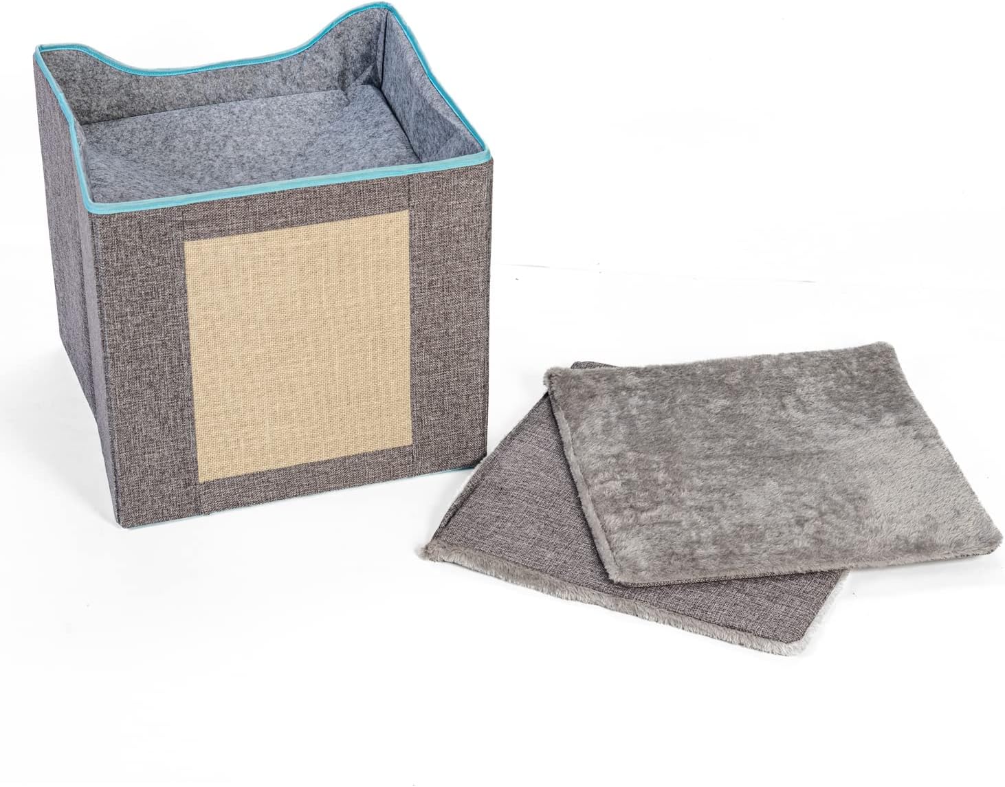 Jongee Cat Cube House – Casa plegable para gatos con cojín reversible y almohadilla para raspar para gatos pequeños de interior, gris, 13 x 13 x 15