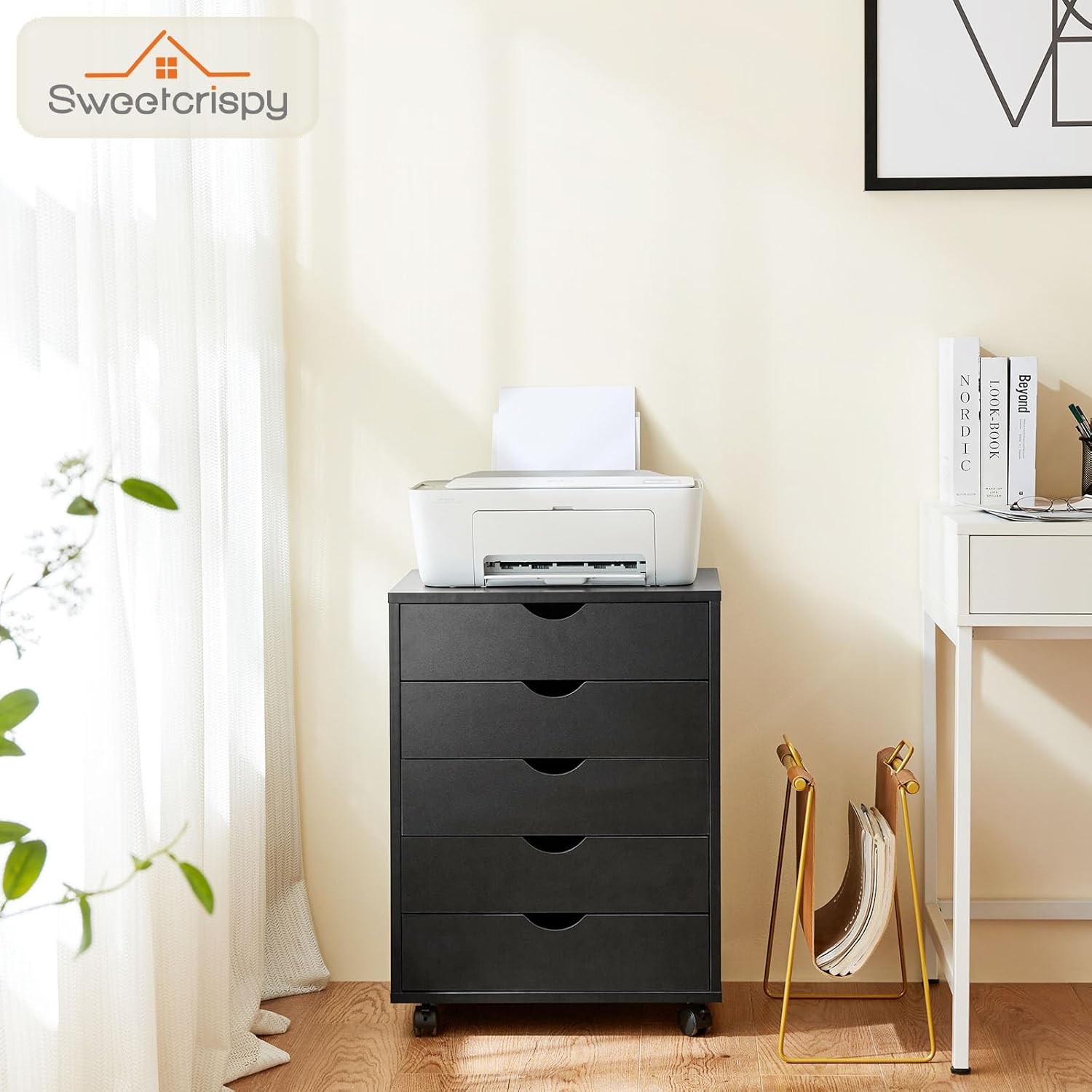 Sweetcrispy Cómoda de 5 cajones – Armarios de almacenamiento de madera con ruedas, organizador de habitación, cajones pequeños rodantes, muebles de