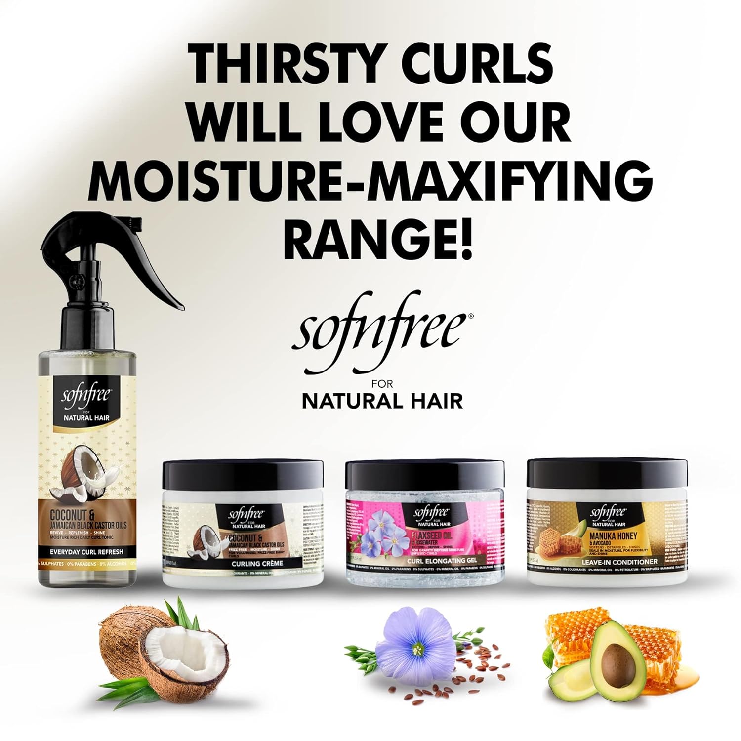 Sofn’free – Spray refrescante de aceite de ricino negro de coco y jamaicano  Volumizador e hidratante diario para peinar cabello seco, rizado o