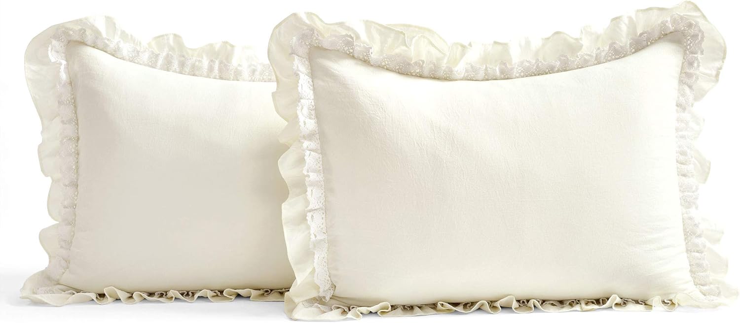 Lush Décor – Juego de Cubrecama con falda de volantes para cama sencilla, estilo Shabby Chic, juego de 2 piezas, Poliéster, Ivory, King