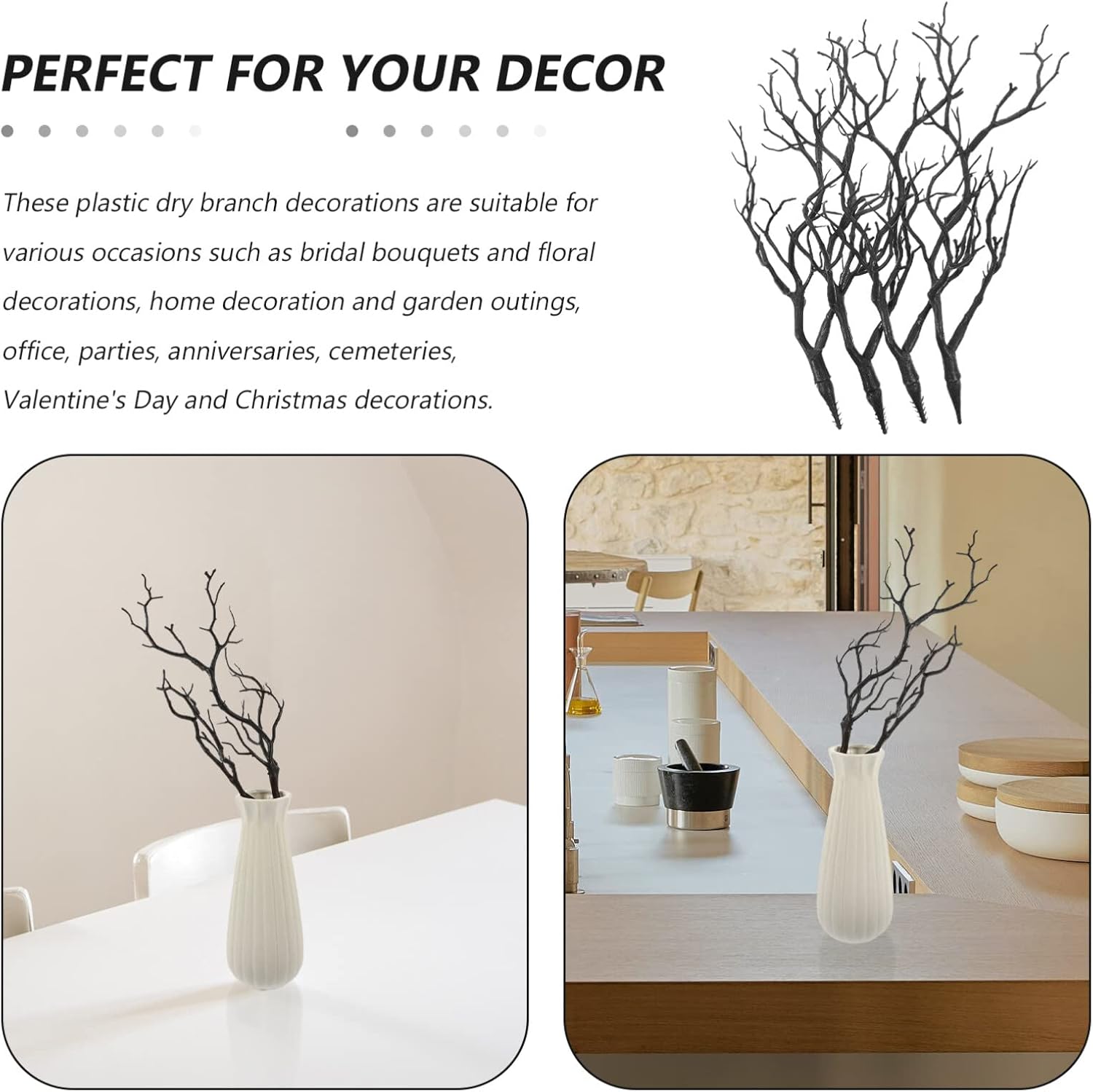 VICASKY 4 ramas de árbol secas de cuernos artificiales, ramas de asterna de bruja artística, ramas decorativas de plástico de simulación, ramas