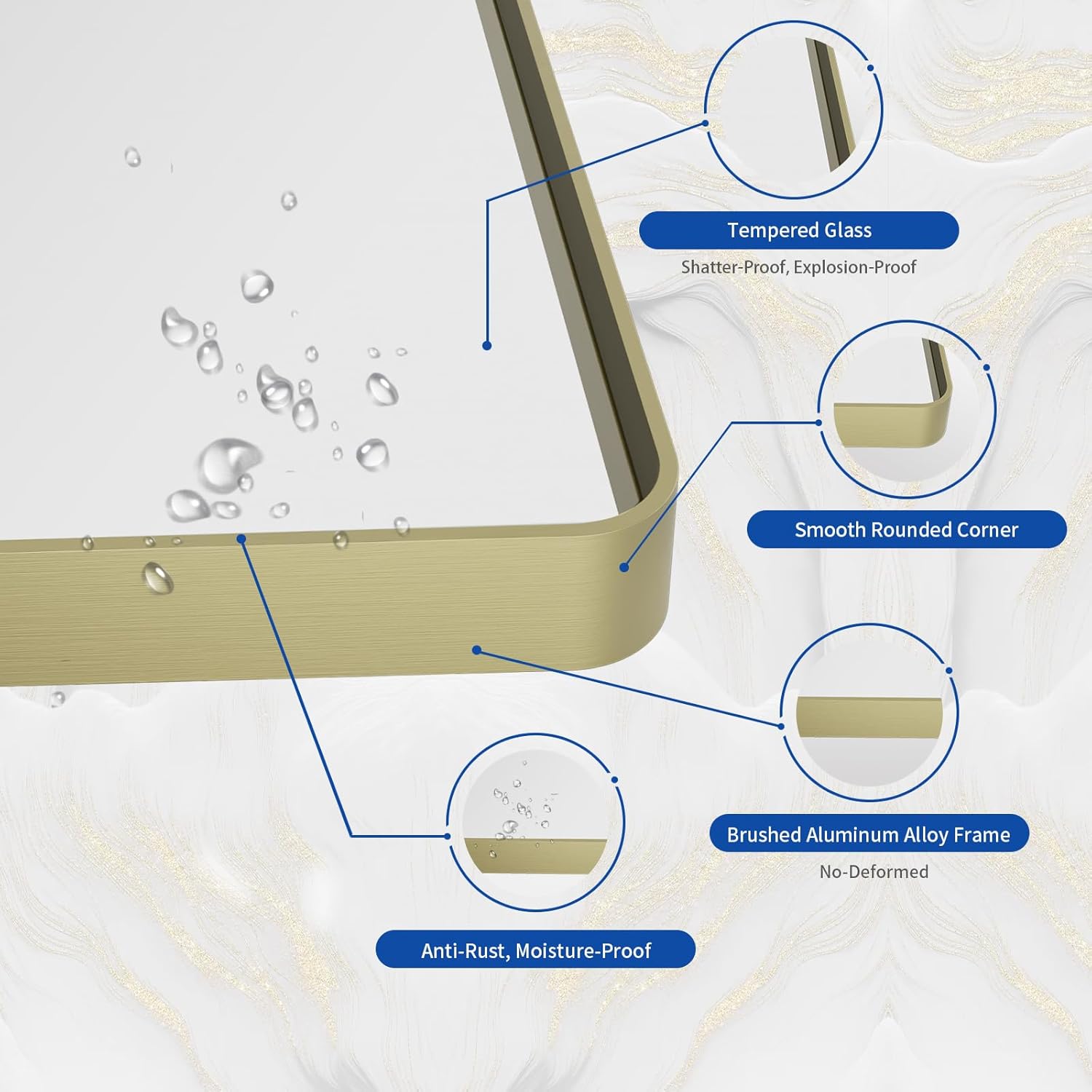WEER Espejo de baño dorado, 24 x 36 pulgadas, marco de metal dorado cepillado, espejo rectangular redondeado de baño dorado para pared, vidrio