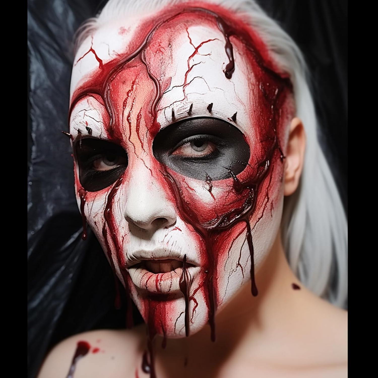 BOBISUKA Pintura facial y corporal al óleo en blanco y negro + juego de gel de sangre falsa coagulada, kit de paleta de pintura profesional de gran