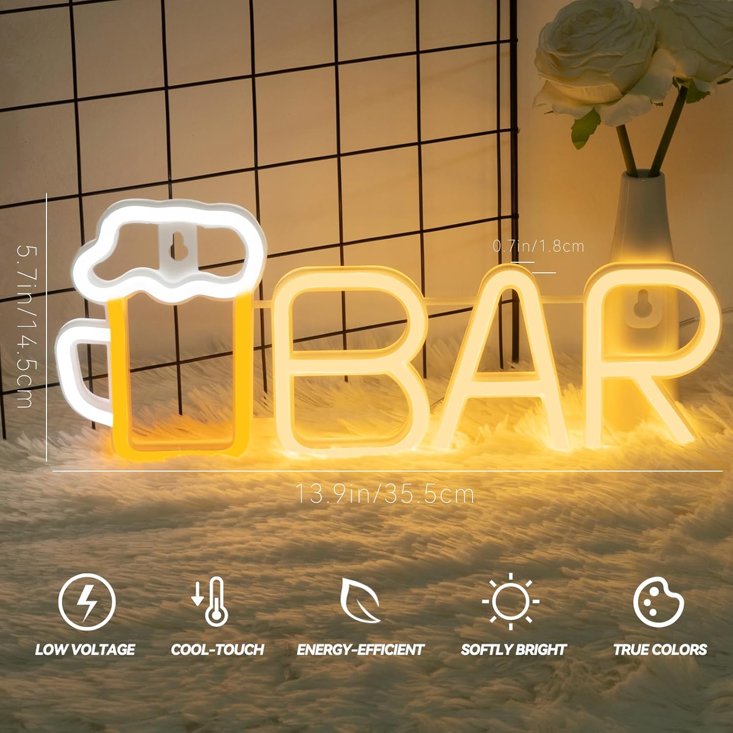 PIKPEOD Letrero de neón de barra de color blanco cálido, letreros de cerveza de neón con USB o batería con cadena colgante para hombre, letreros de