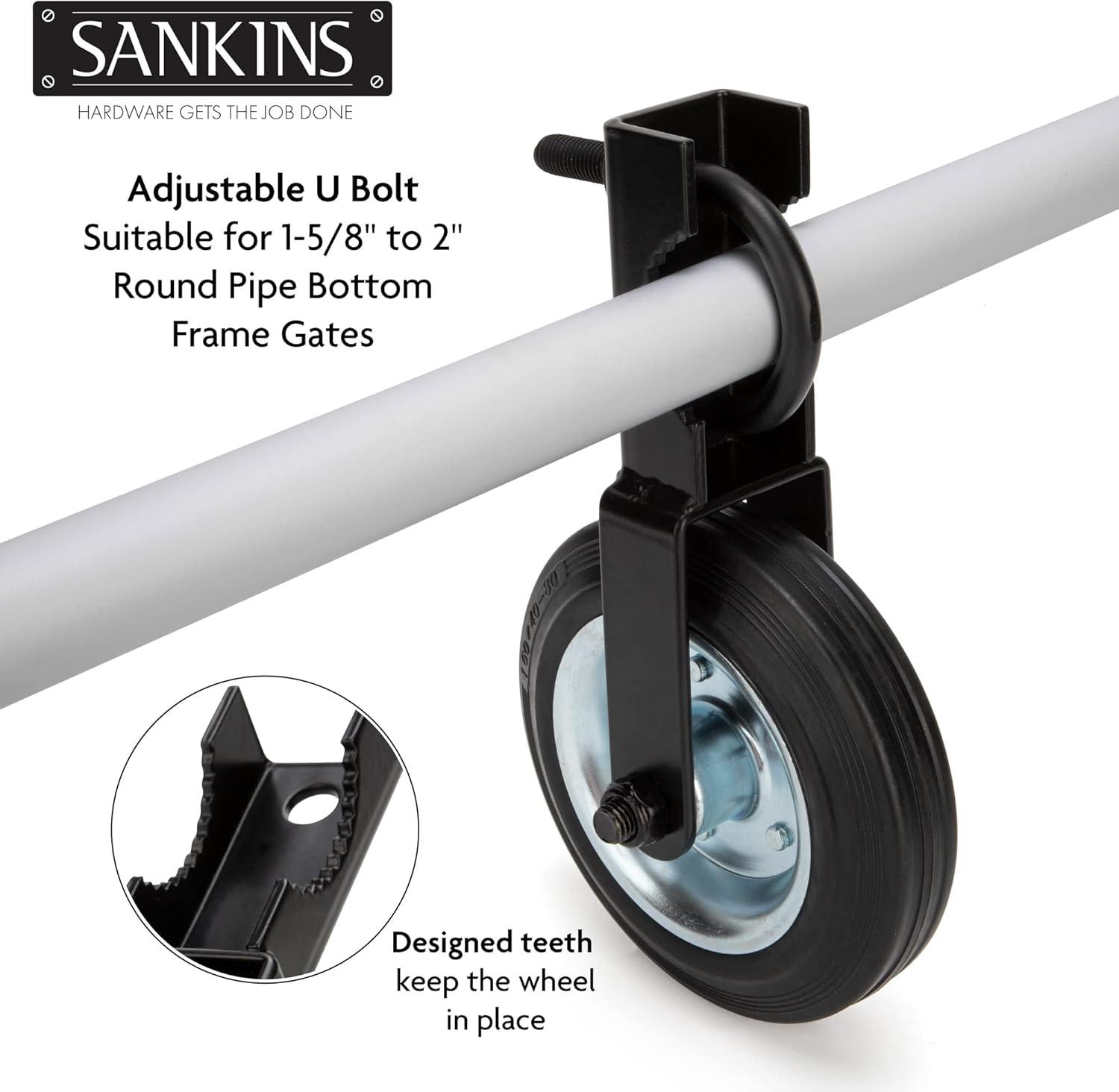 SANKINS Gate Helper Wheel for Supporting Metal Swing Gates with 1-58″ Thru 2″ Gate Frames, 6″ Gate Support Wheel Prevent Gate from Dragging for