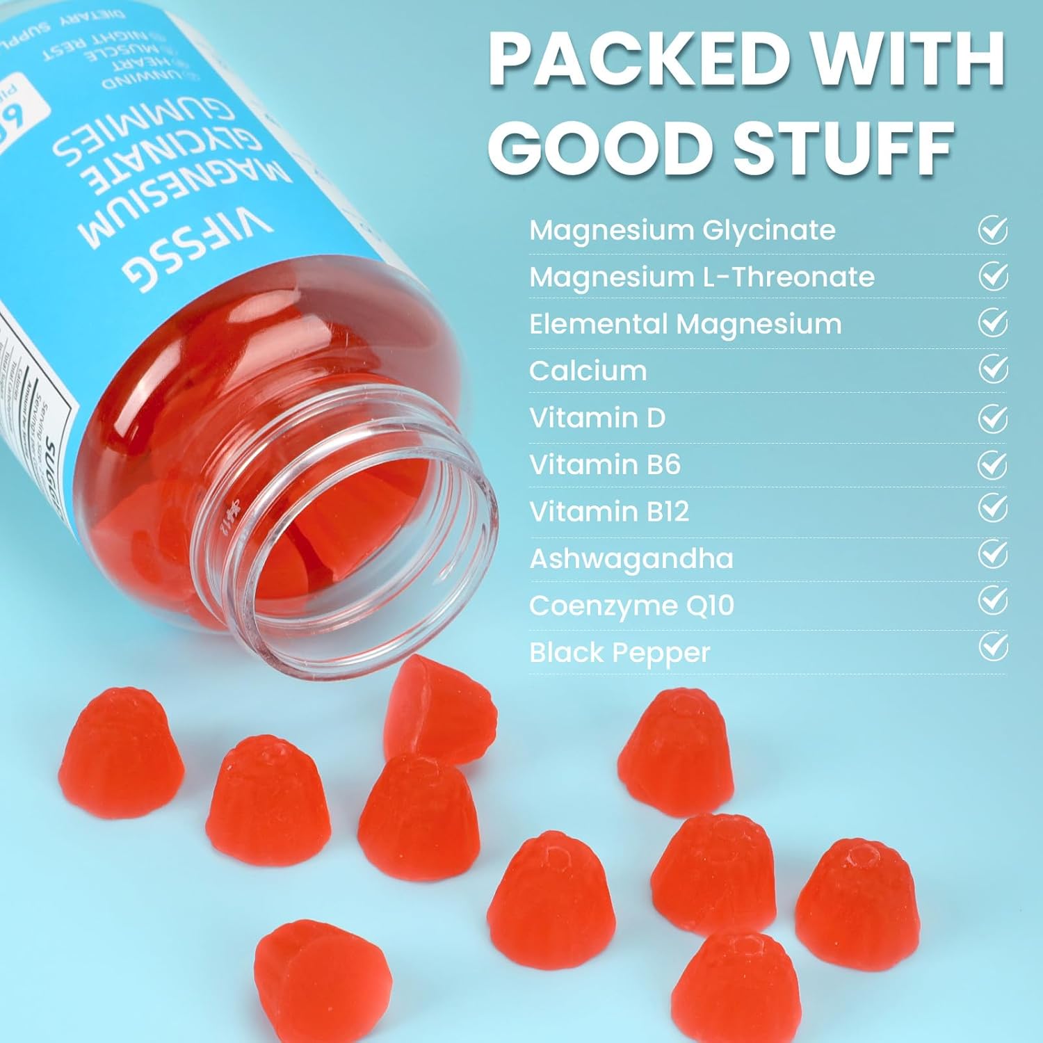 Gomitas de glicinato de magnesio de 400 mg, paquete de 2 gomitas sin azúcar con L-treonato de magnesio de 200 mg – Suplemento de magnesio gomitas