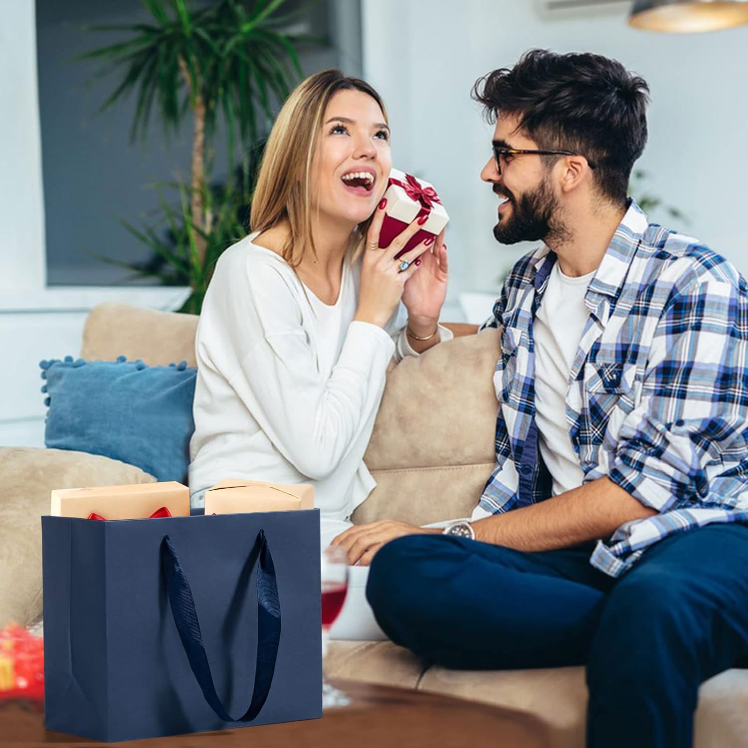 driew Bolsas de regalo grandes de color azul marino, paquete de 12 bolsas de regalo extra grandes azul marino, asas de cinta, bolsas de regalo de