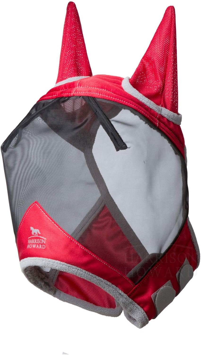Harrison Howard CareMaster Pro – Máscara luminosa para mosca de caballo estándar con orejas, protección UV para caballo rojo, XL extra completa