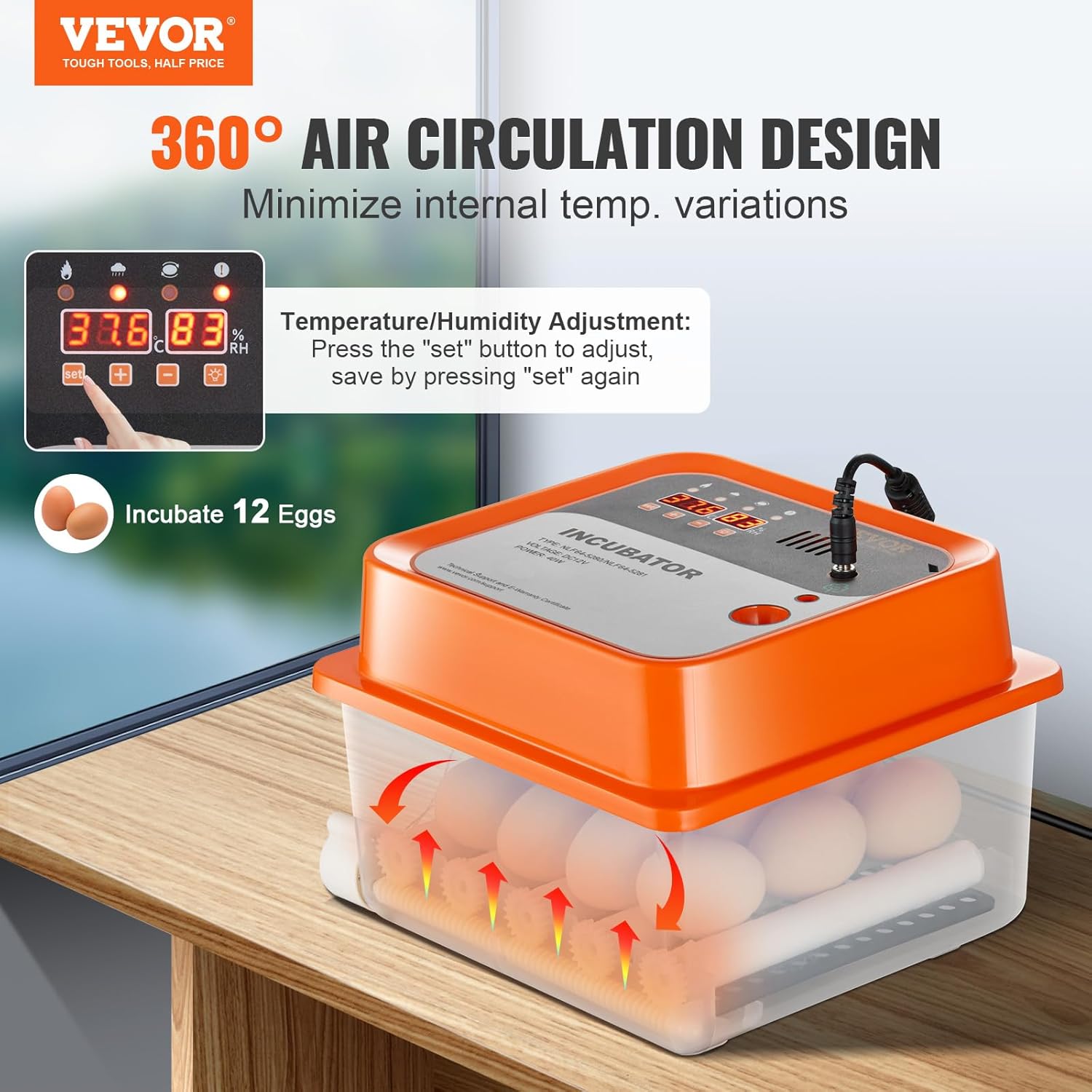 VEVOR 360 incubadoras para eclosionar, girador automático con control de temperatura y humedad, 12 huevos para criar aves de corral con carcasa