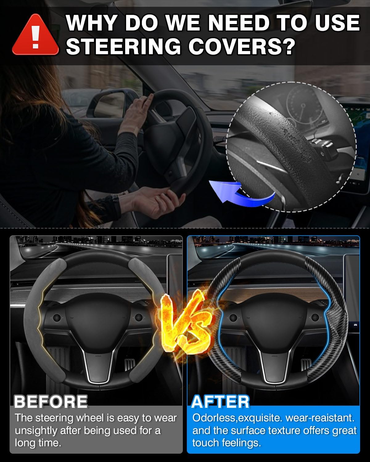 Funda para volante de la marca funda de fibra de carbono a medida para volante de Tesla, transpirable, duradera, antideslizante, transpirable,