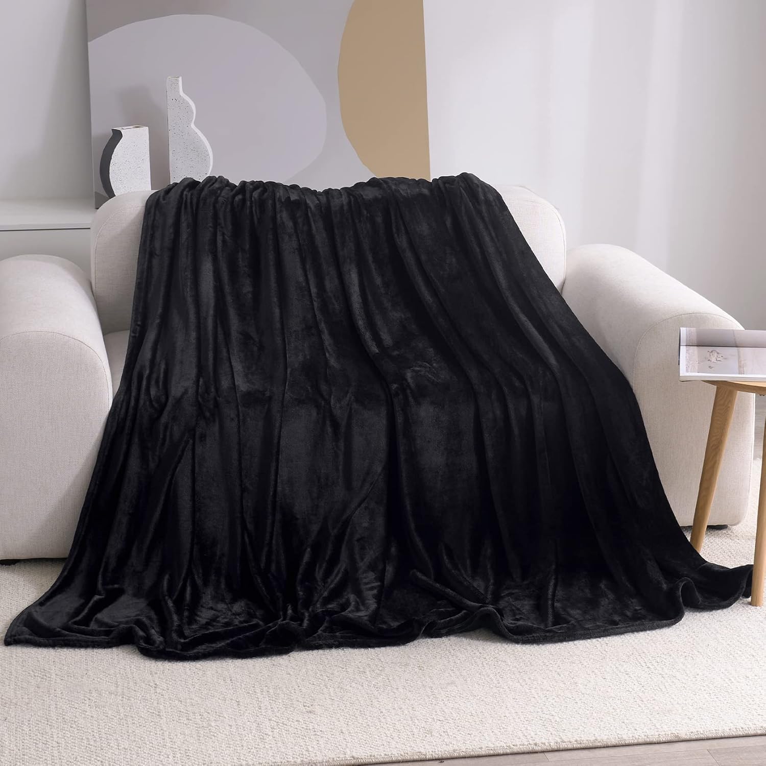 Nmosyni Manta de forro polar negra para sofá, manta mullida antiestática, cálida y acogedora para sofá y cama, manta súper suave y ligera para todas