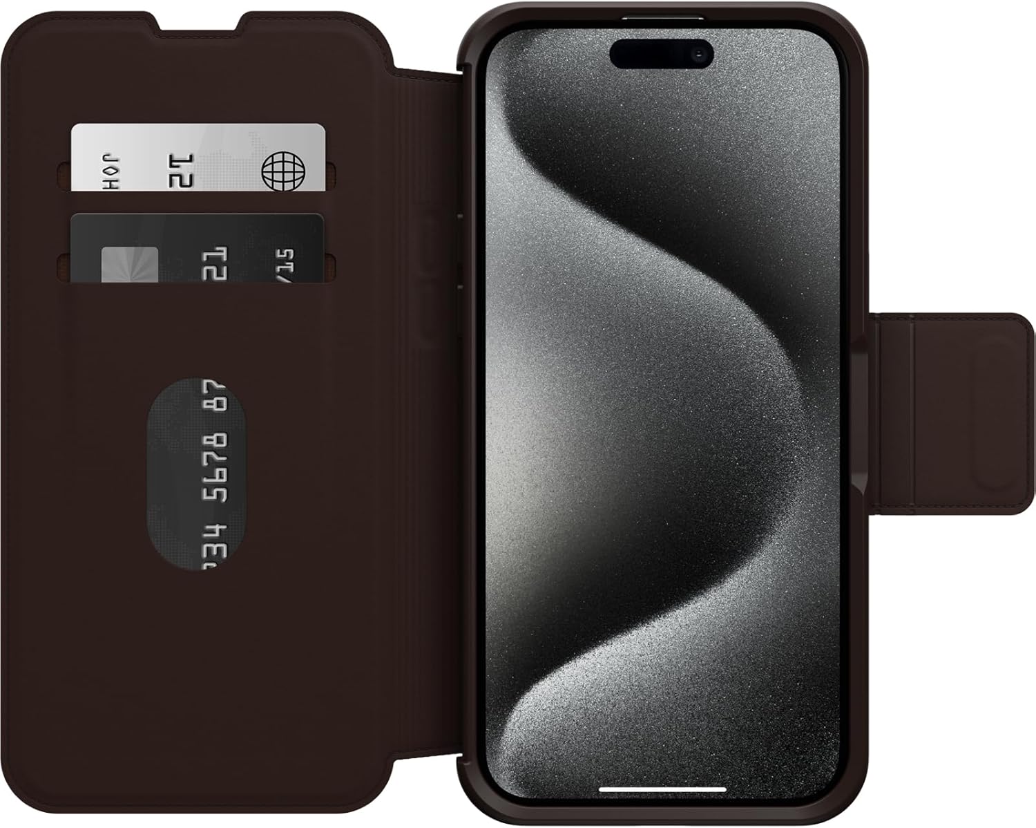 OtterBox Funda Strada Folio Series para iPhone 15 Pro MAX (solamente) – ESPRESSO (marrón), tarjetero, broches a presión a MagSafe, piel auténtica,