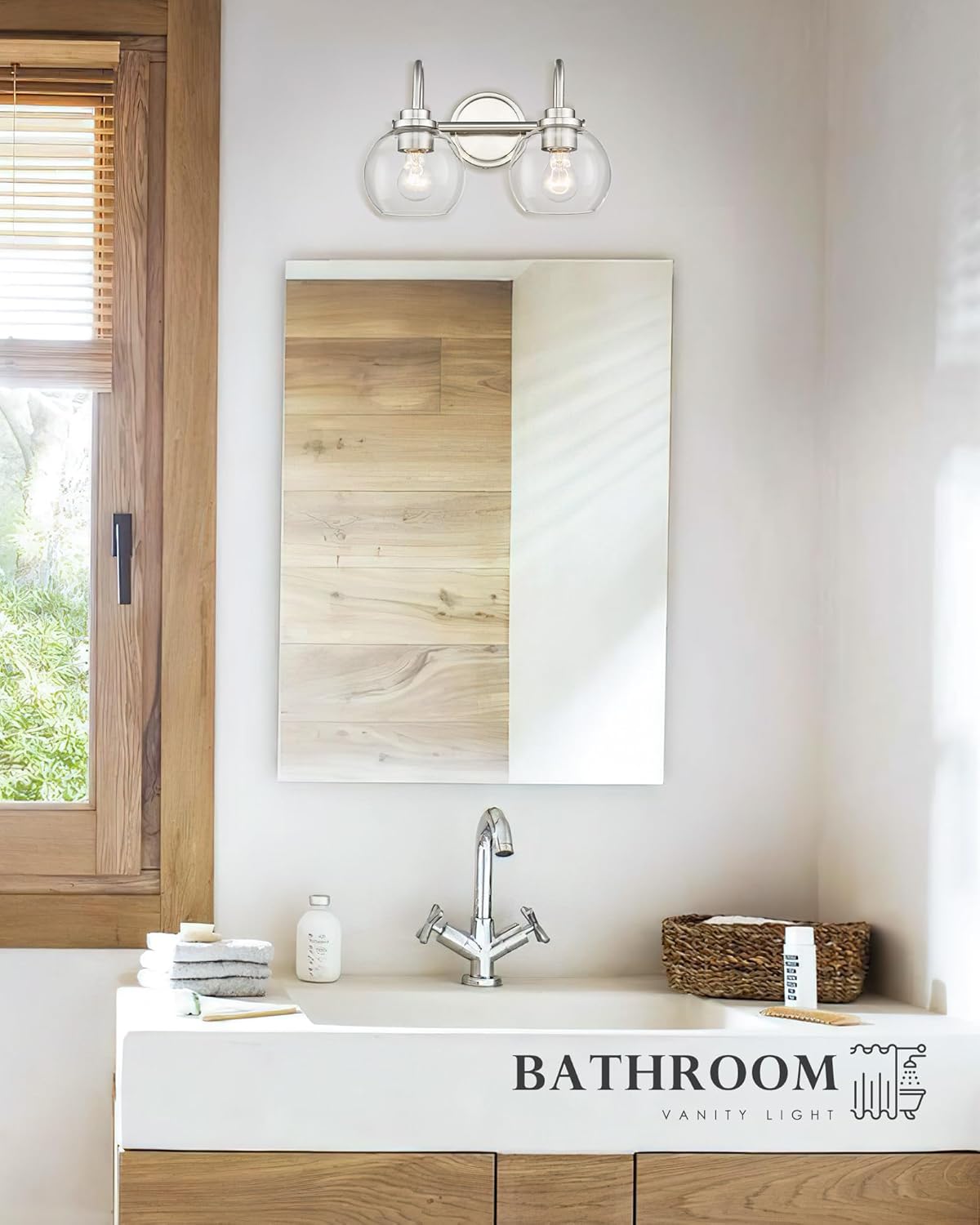 AD-22280-2W-SN – Lámpara de tocador de baño de 2 luces, níquel cepillado con pantalla de vidrio transparente, luz de tocador de baño de granja sobre