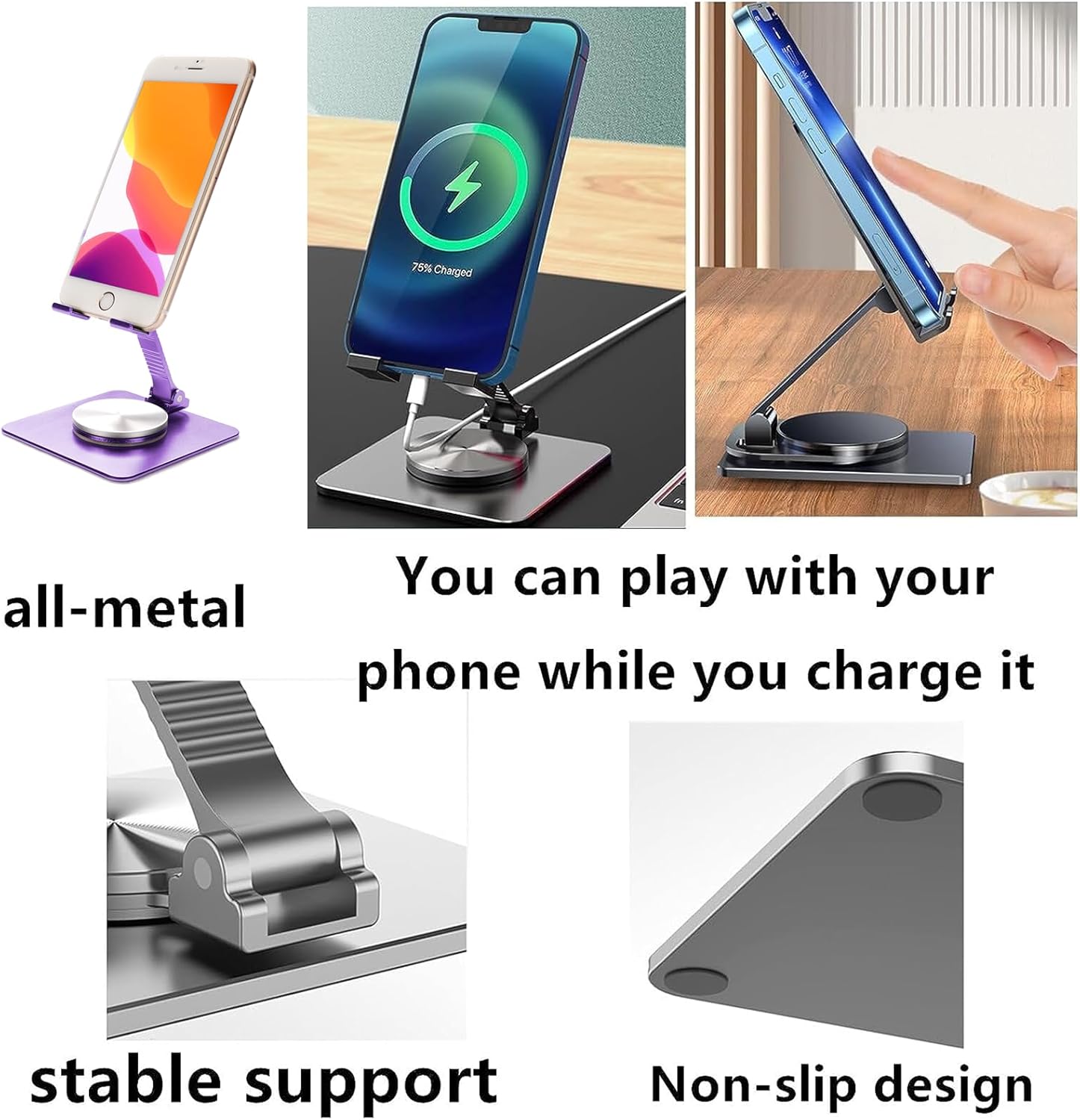 Soporte de escritorio plegable para teléfono y tableta, rotación de 360, soporte portátil ajustable de metal de aluminio, compatible con todos los