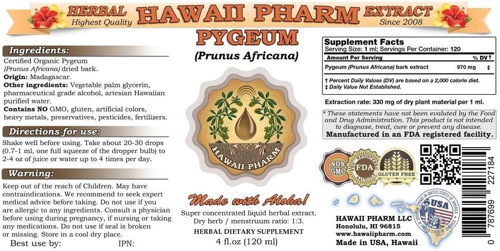 Hawaii Pharm Extracto líquido de Pygeum (Pygeum Africanum), tintura, suplemento de hierbas, fabricado en EE. UU., 4 onzas líquidas