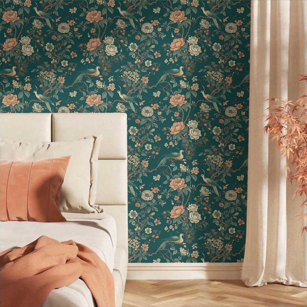 VistaPalette Papel tapiz autoadhesivo autoadhesivo de 18 x 236 pulgadas, diseño de flores, pájaros y grúas, papel de contacto extraíble, fácil de
