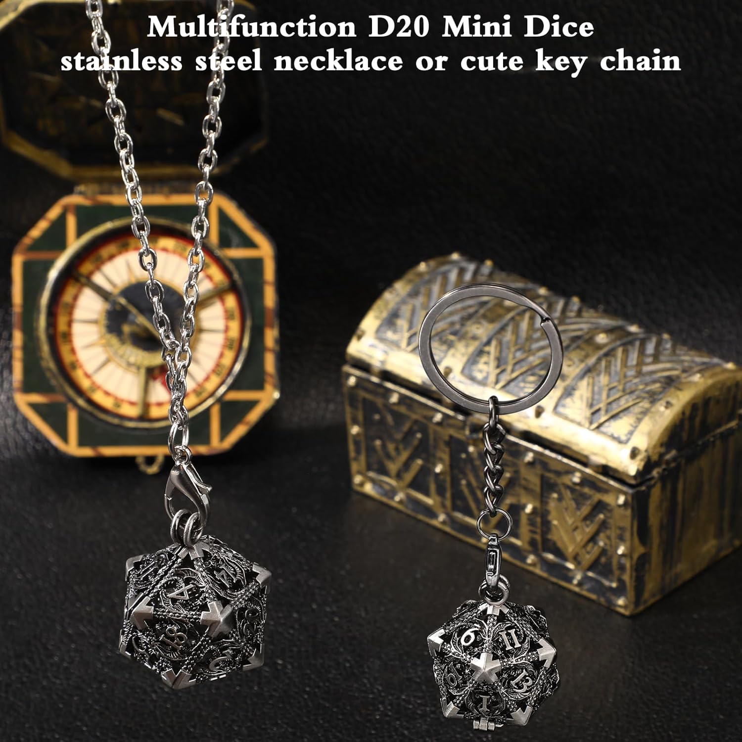 Syhood Juego de dados pequeños, 7 piezas de dados pequeños de metal, collar hueco D20, estuche de dados, llavero, juegos de mesa para juegos de rol,