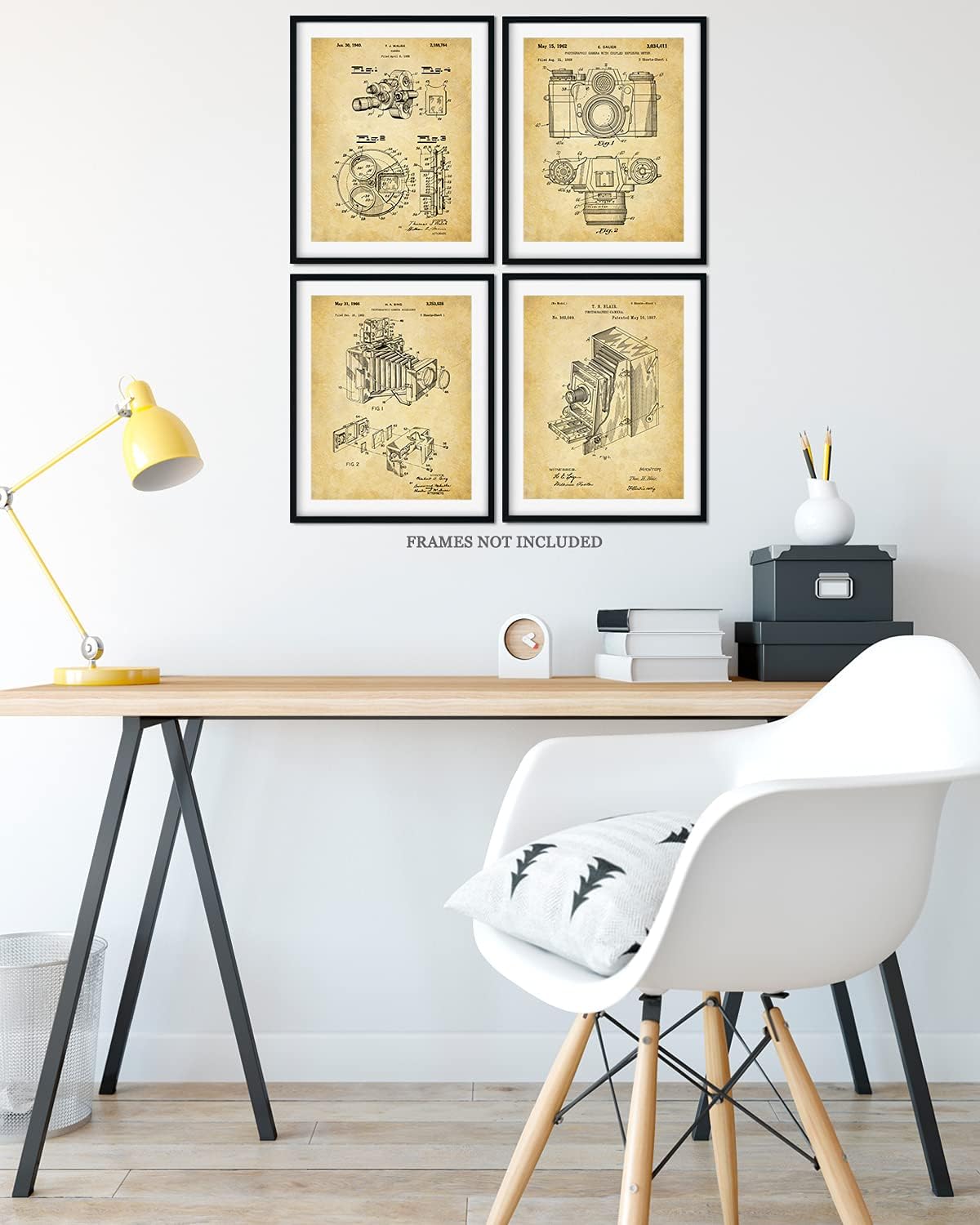 Govivo Patente de cámara antigua un conjunto de cuatro patentes de equipos de fotografía para decoración de pared impresiones con fondos sepia,