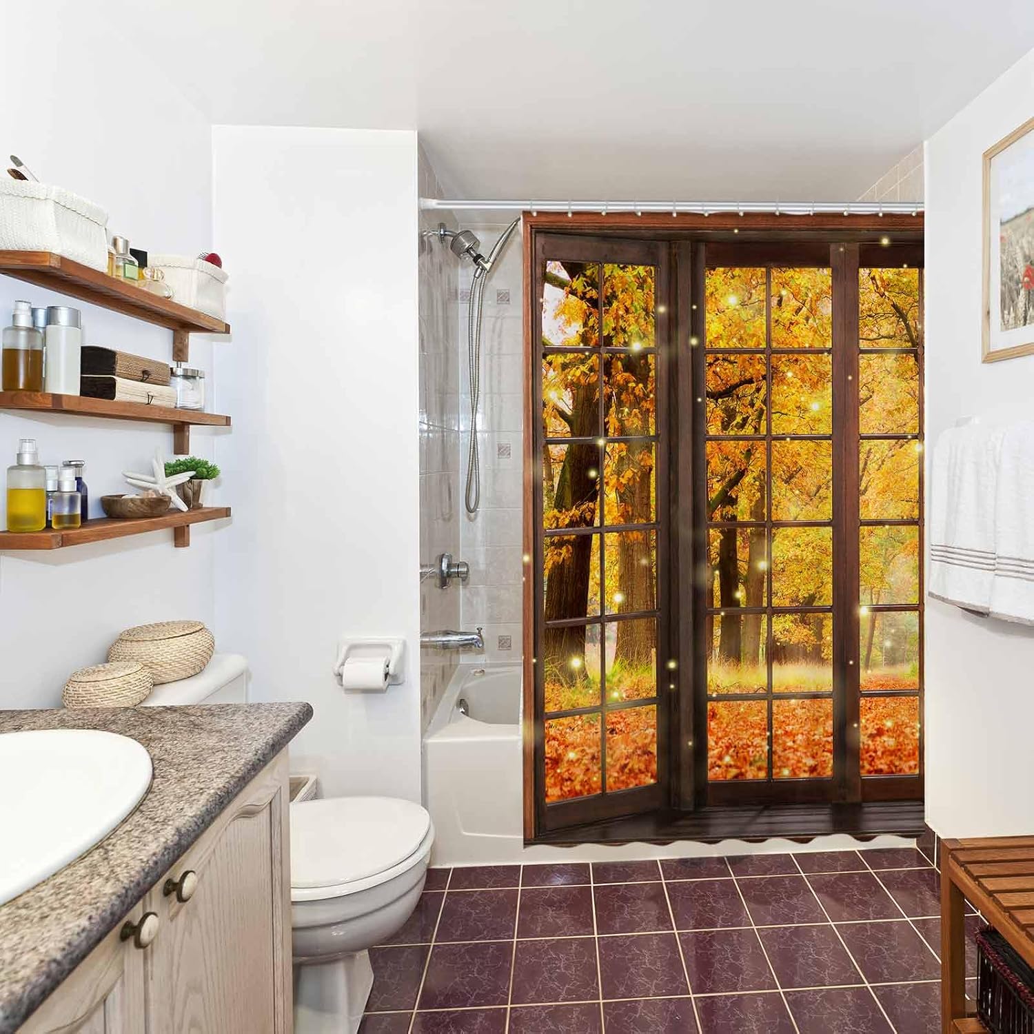 Allenjoy Cortina de ducha de otoño de 72 x 72 pulgadas, hojas de arce otoñal, bosque, tinas de baño, juego de decoración de cortina de baño, tela de