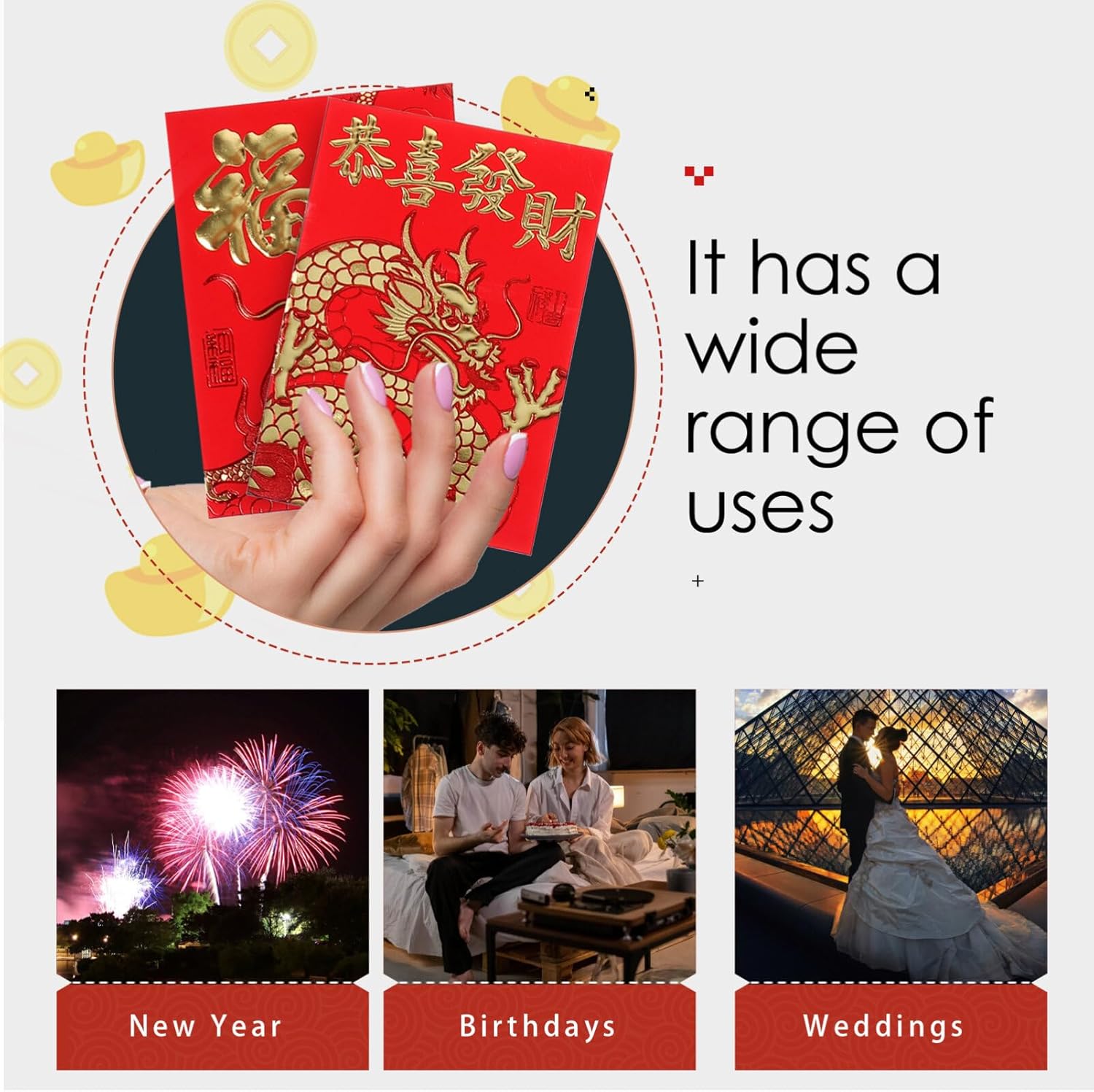 Cabilock 60 sobres rojos 2024 Dragón chino Año Nuevo Dinero Bolsillos Lucky Hong Bao regalo sobres de dinero en efectivo paquetes para Año Nuevo
