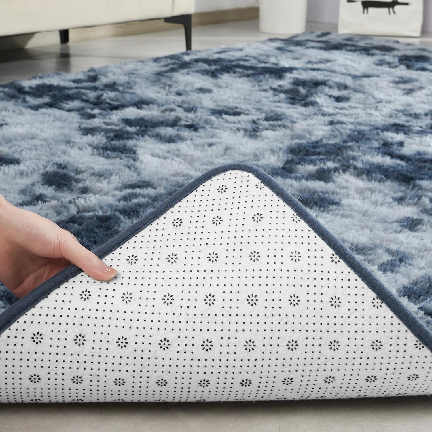 TWINNIS Alfombras grandes de pelo largo de 6 x 9 pulgadas para sala de estar, dormitorio, teñido anudado azul y gris, alfombras de felpa súper