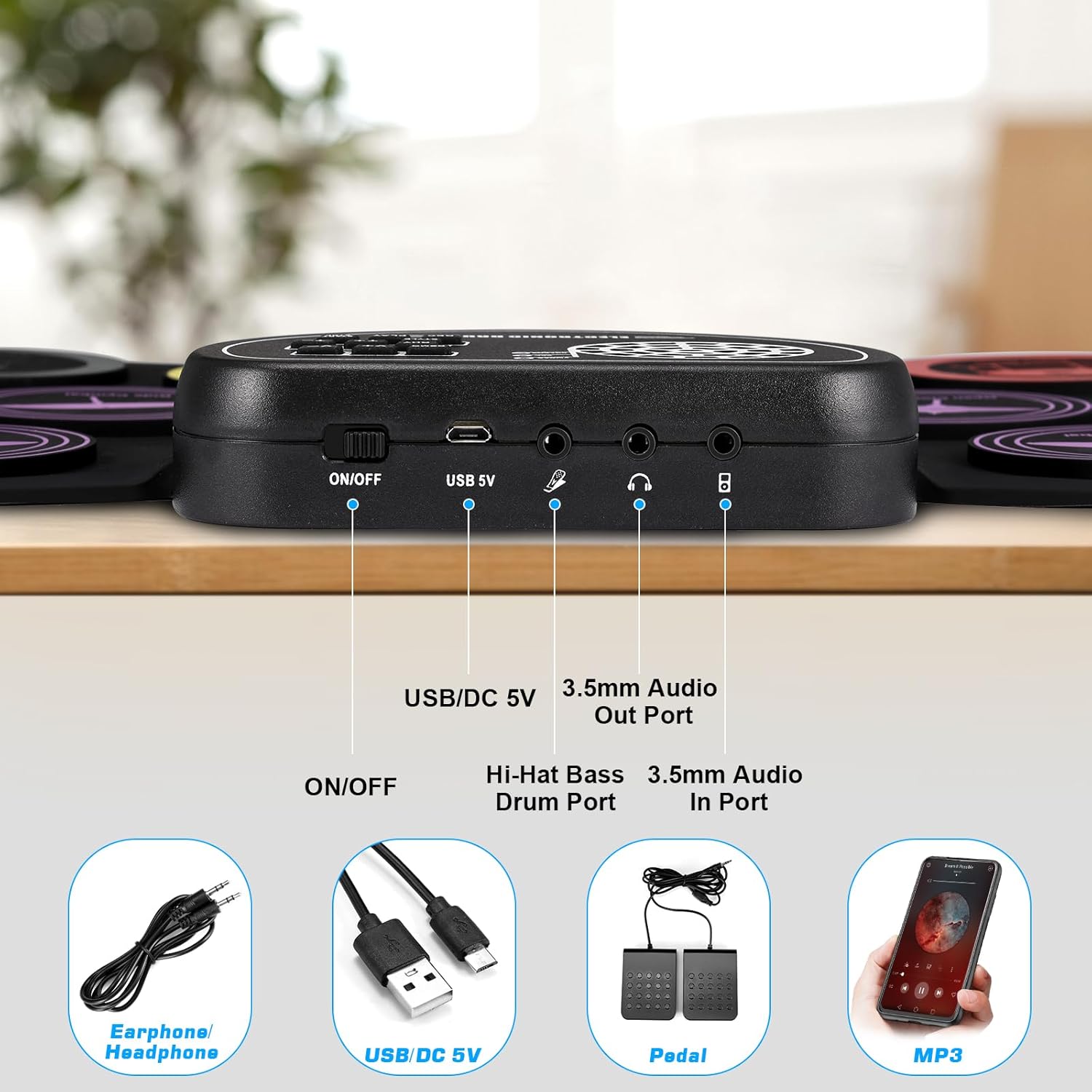 Anpro Juego de batería eléctrica, 9 almohadillas de batería con conector para auriculares, kit de batería electrónica enrollable con pedales de