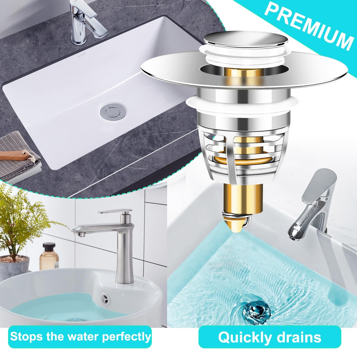 Paquete de 3 tapones universales de metal para fregadero de baño, tapón de drenaje de baño, filtro de drenaje de rebote para lavabo, para 1.06 a