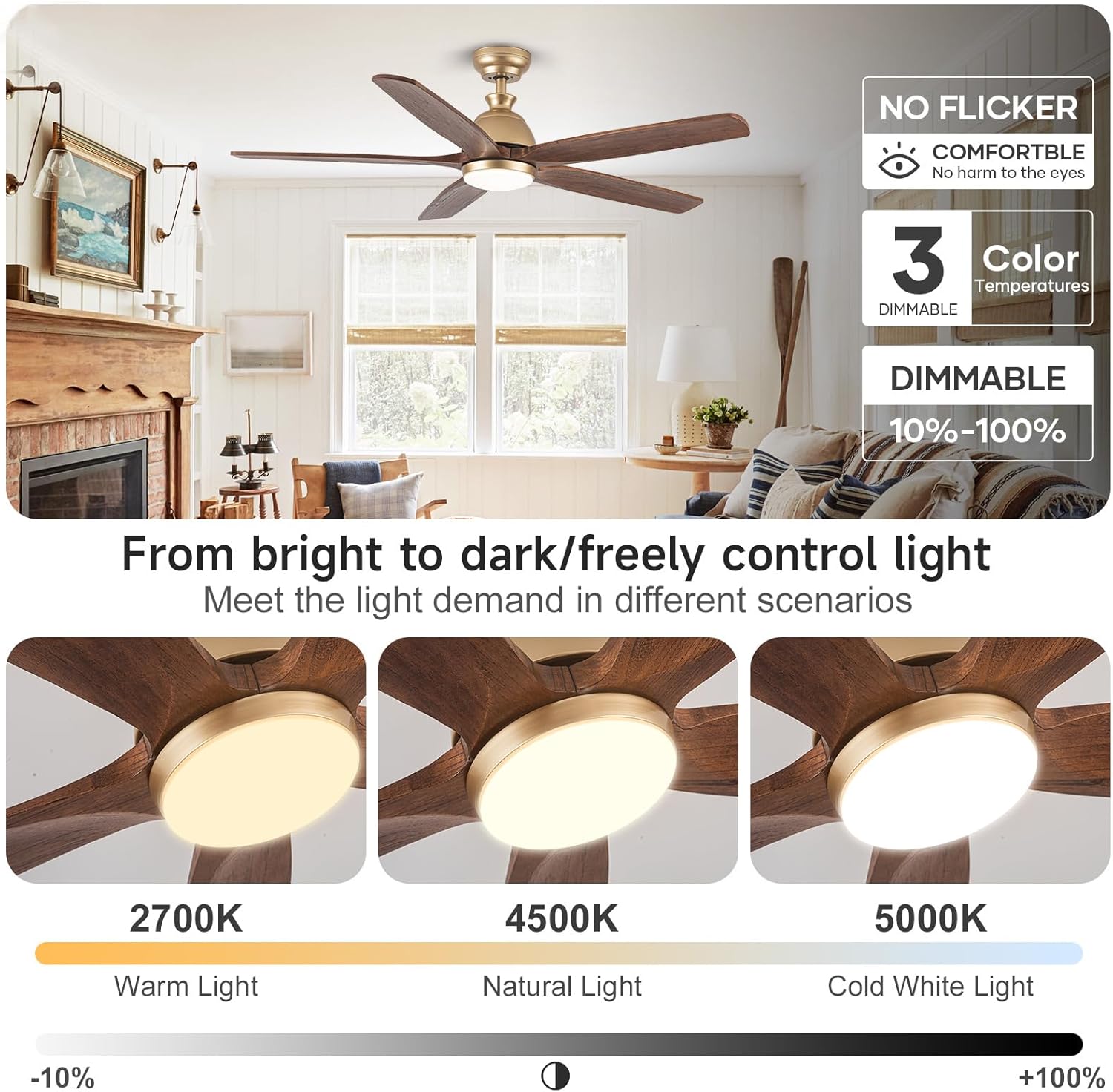 Ventilador de techo dorado de 52 pulgadas con luces y control remoto, ventilador de techo para exteriores con luz, luz LED regulable, ventilador de