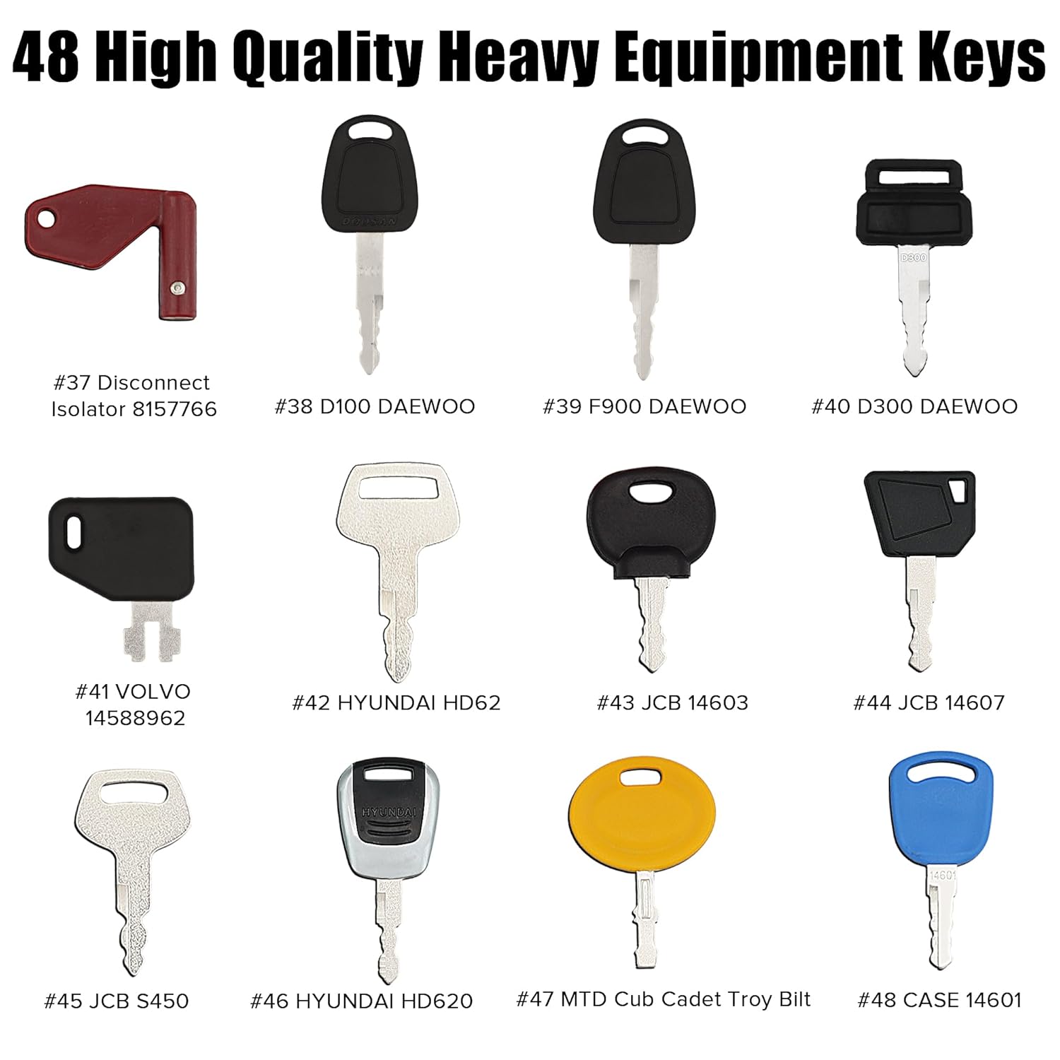 Juego de 48 llaves maestras de encendidollaves de equipo pesado para JD John Deere Hyster Komatsu Cat Key Kubota Yanmar Takeuchi Ford New Holland