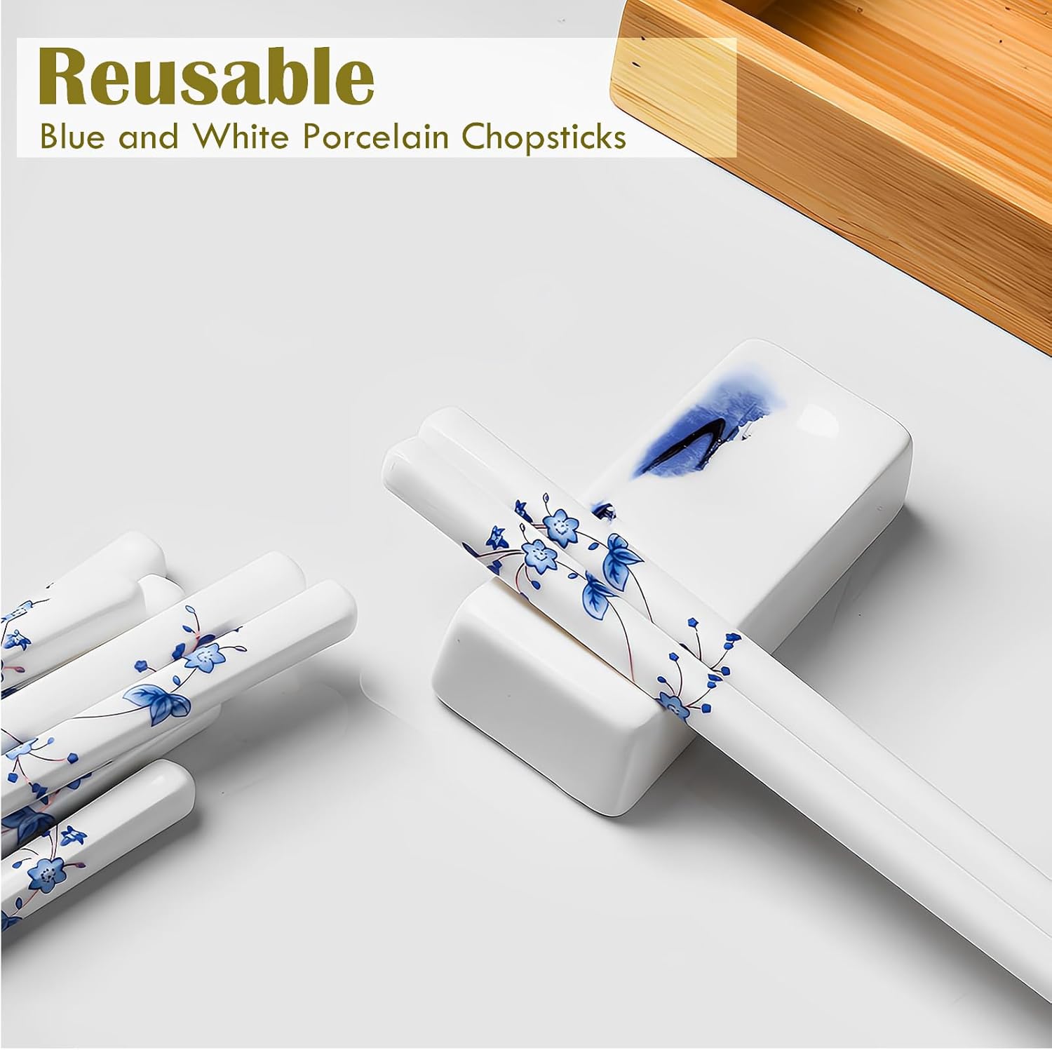 Palillos de cerámica reutilizables, 5 pares, aptos para lavavajillas, palillos azules, 9.7 pulgadas (estrellas azules)