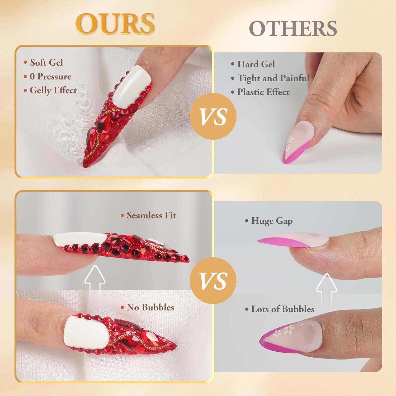 -Uñas largas a presión realmente hechas a mano, uñas postizas de lujo dorado estilo stiletto Y2k, uñas adhesivas con pegamento con diamantes de