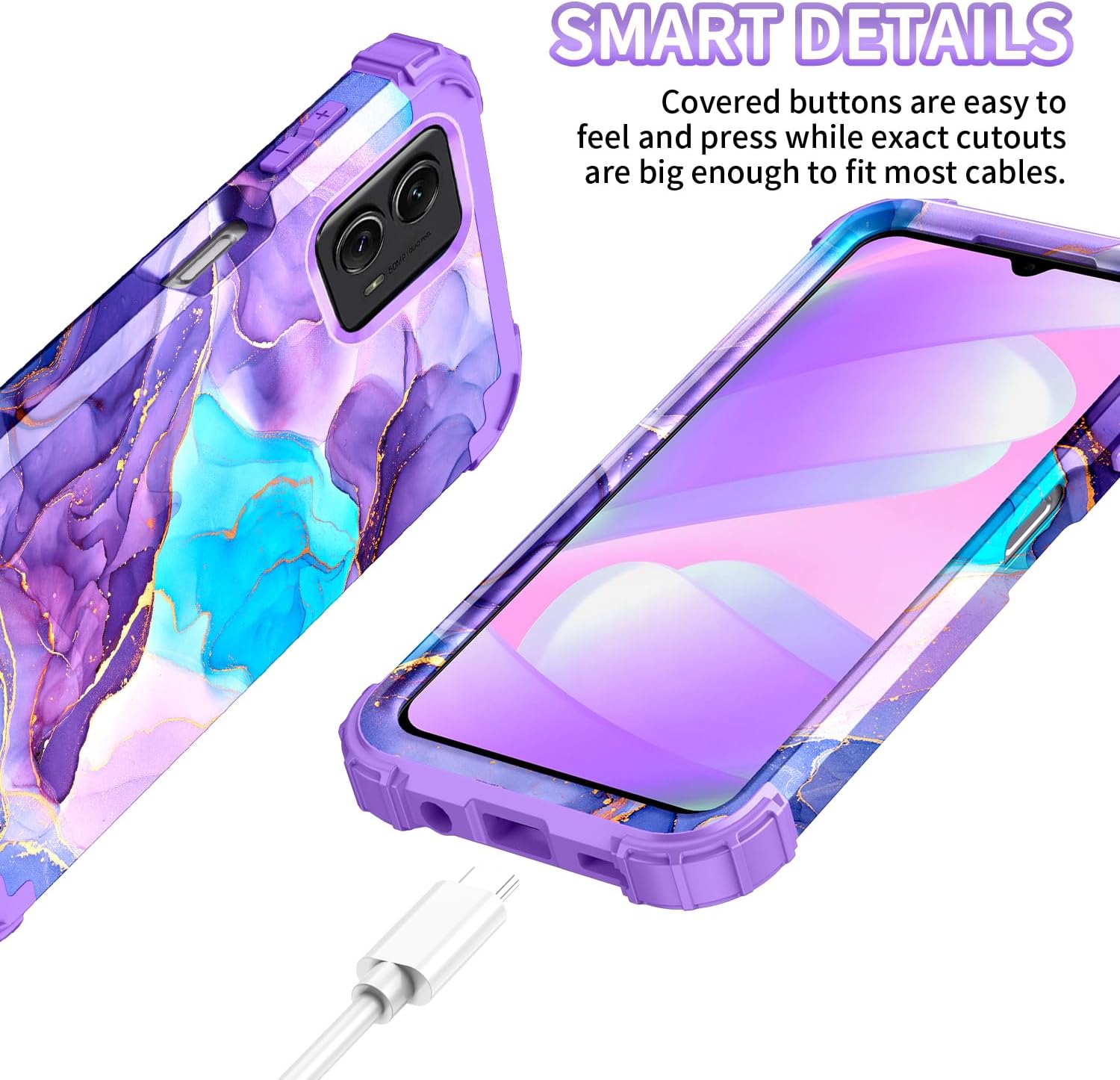 Funda para Moto G 5G 2023, diseño de mármol, tres capas, resistente, protección a prueba de golpes, plástico duro, goma de silicona suave, funda