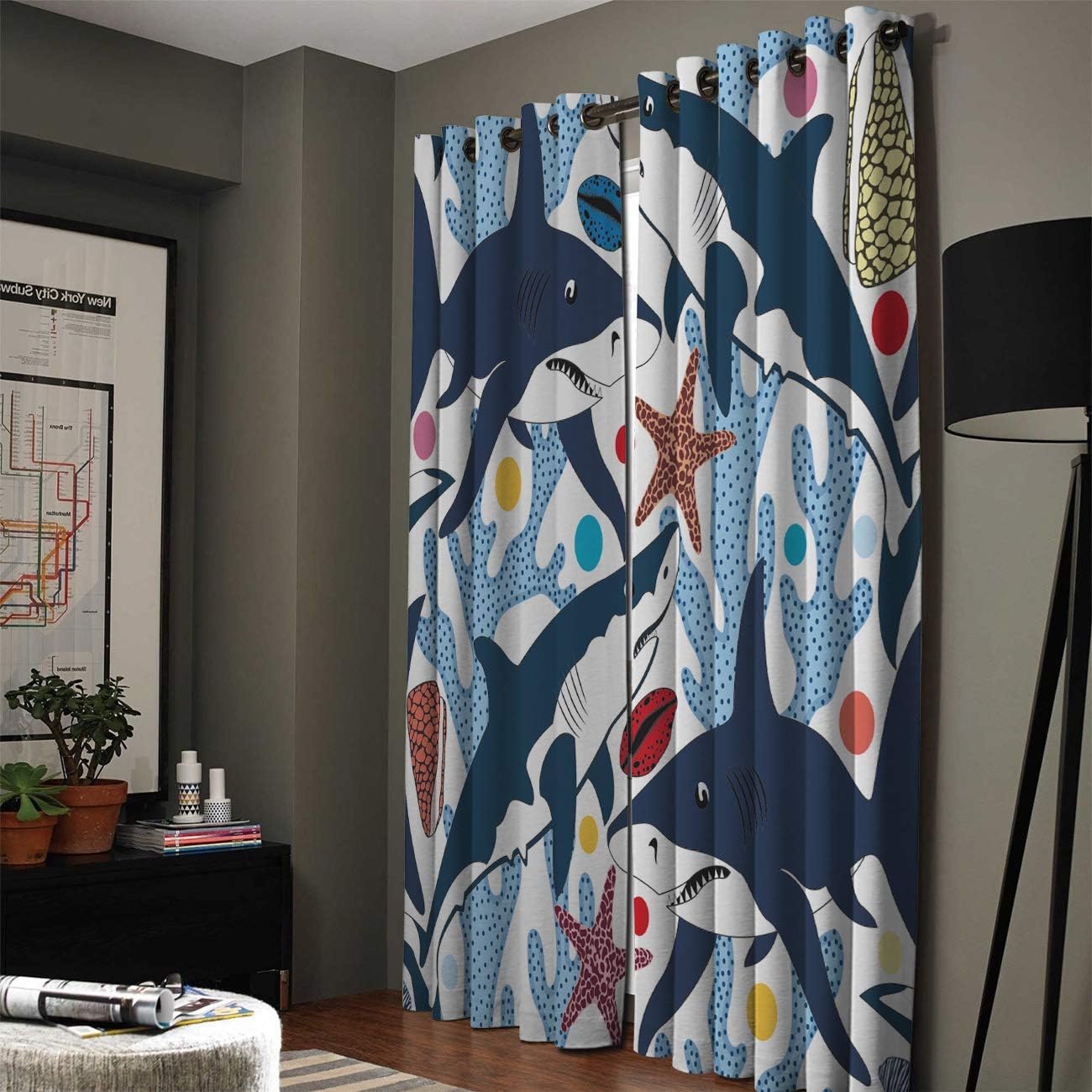 FortuneHouse Blackout Curtains Thermal Insulated Cartoon Sea Animal Blue Shark Solid Pattern Metal Grommet Elegant Room Drapes Window Curtain for
