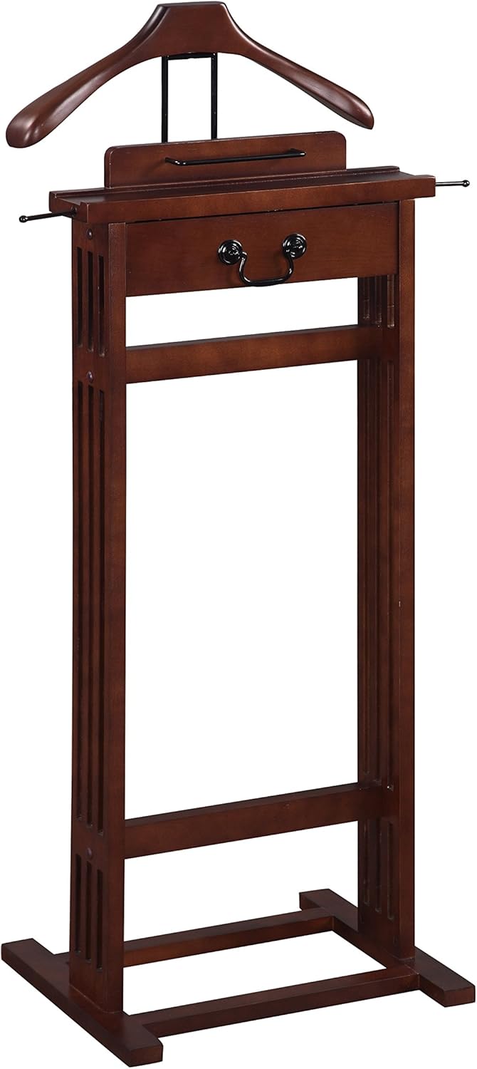 Proman Products Mission Wardrobe VL16188 – Soporte de valet de madera con cajón, colgador de contorno, barra para pantalones, ganchos para corbata y